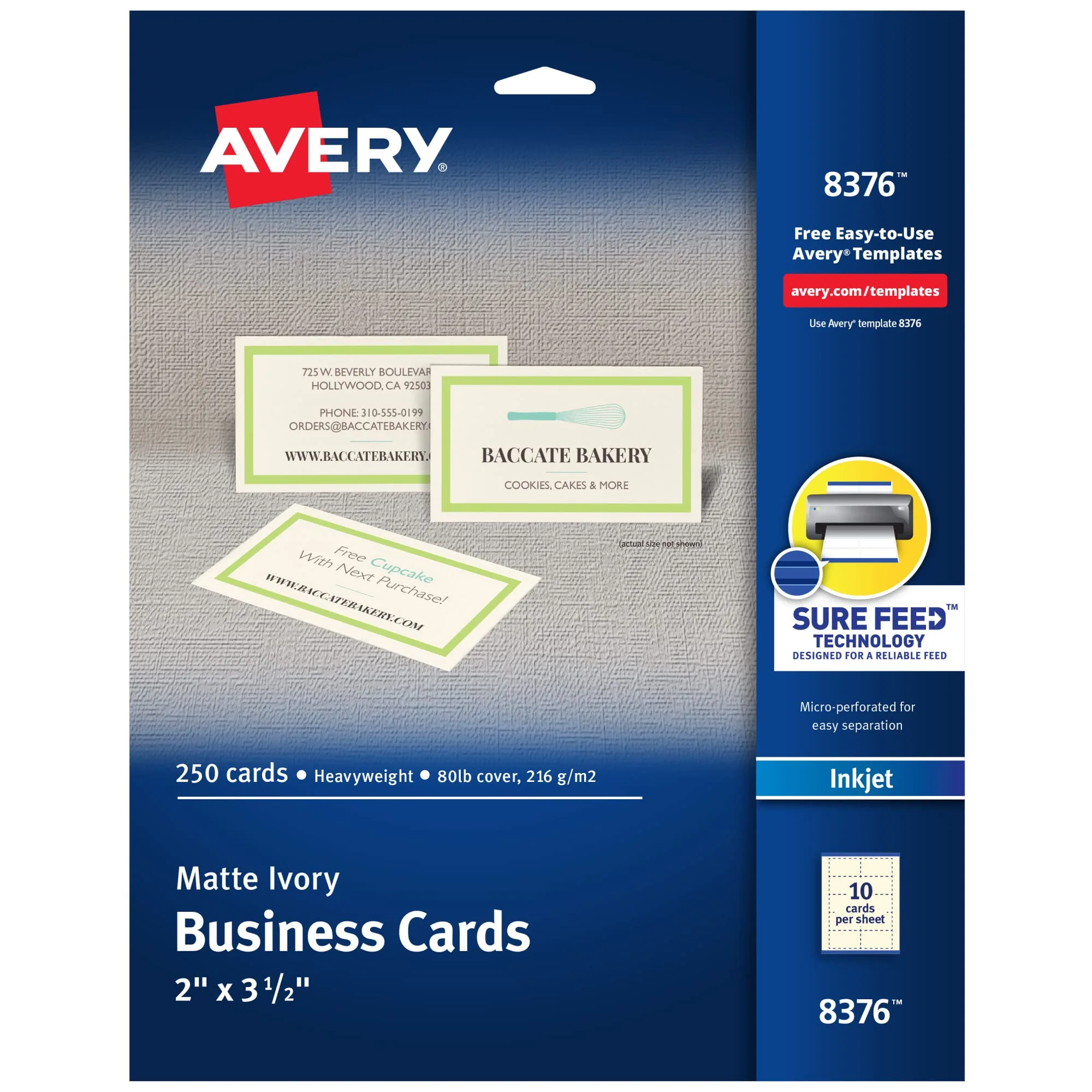 Avery Printable Business Cards with Sure Feed Technology, 2" x 3.5", Ivory, 250 Blank Cards for Inkjet Printers (08376) 250 cards