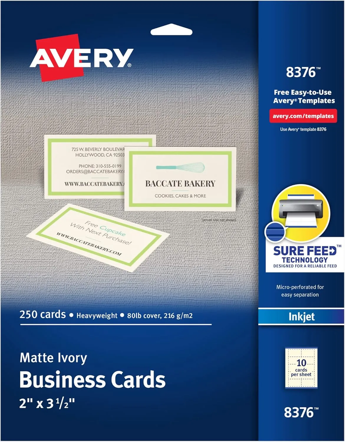 Avery Printable Business Cards with Sure Feed Technology, 2" x 3.5", Ivory, 250 Blank Cards for Inkjet Printers (08376) 250 cards