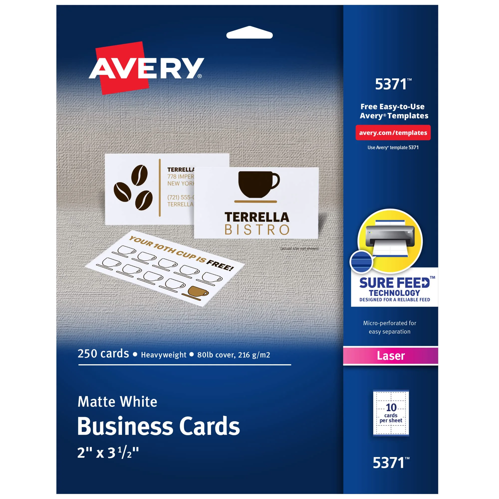 Avery Printable Business Cards with Sure Feed Technology, 2 x 3.5, White, 250 Blank Cards (5371)