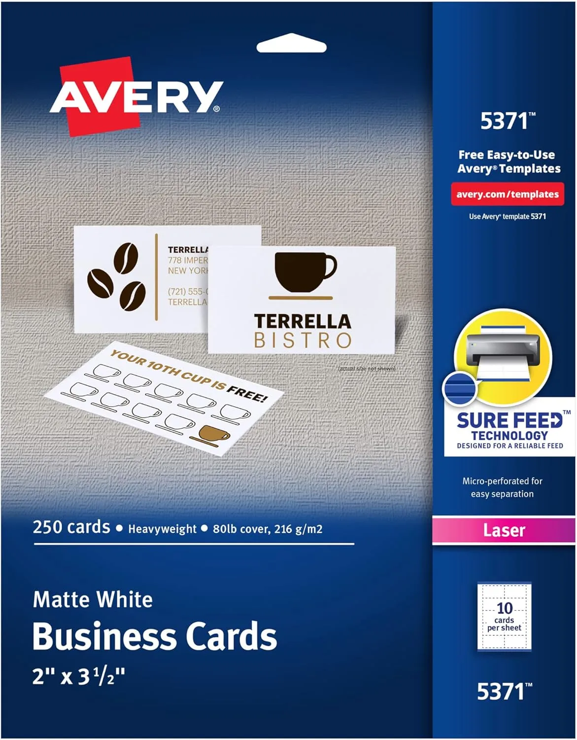 Avery Printable Business Cards with Sure Feed Technology, 2 x 3.5, White, 250 Blank Cards (5371)