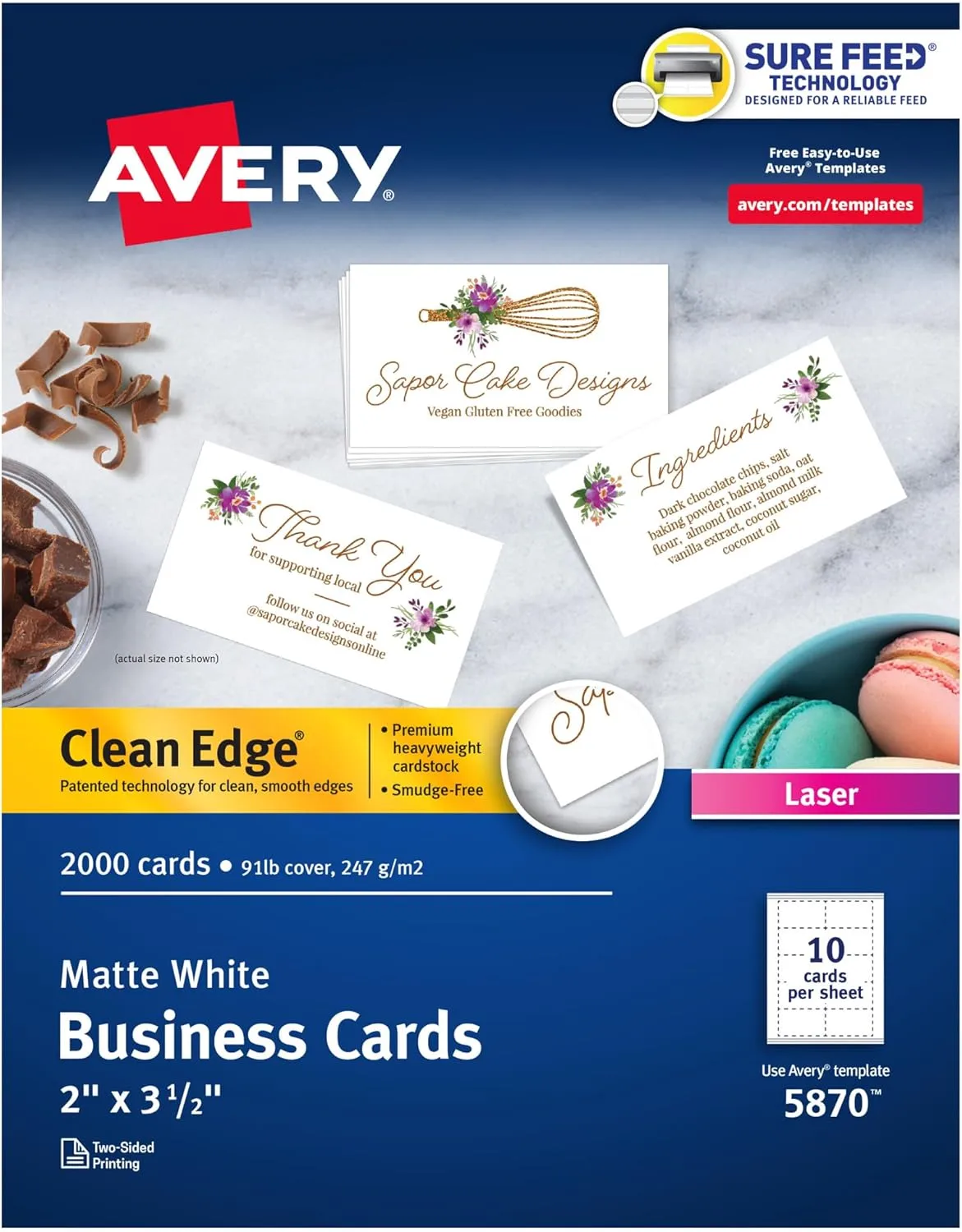 Avery Clean Edge Printable Business Cards with Sure Feed Technology, 2 x 3.5, White