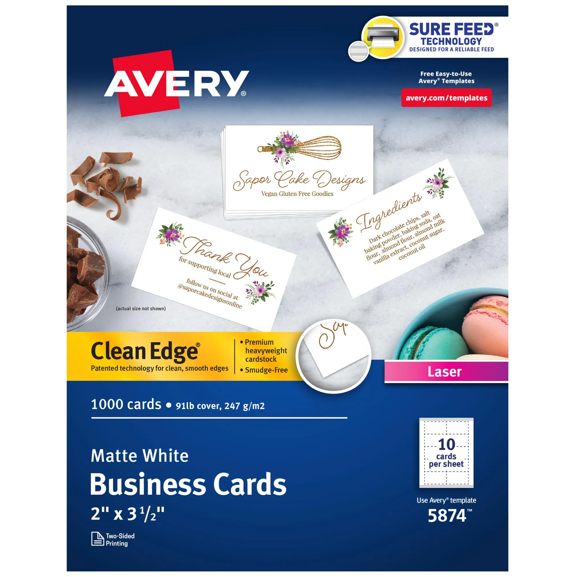 Avery Clean Edge Printable Business Cards with Sure Feed Technology, 2 x 3.5, White