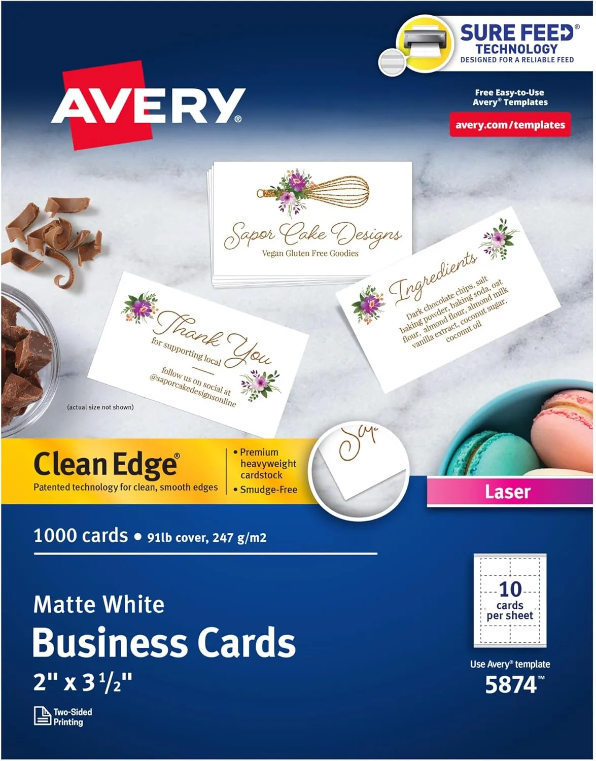 Avery Clean Edge Printable Business Cards with Sure Feed Technology, 2 x 3.5, White