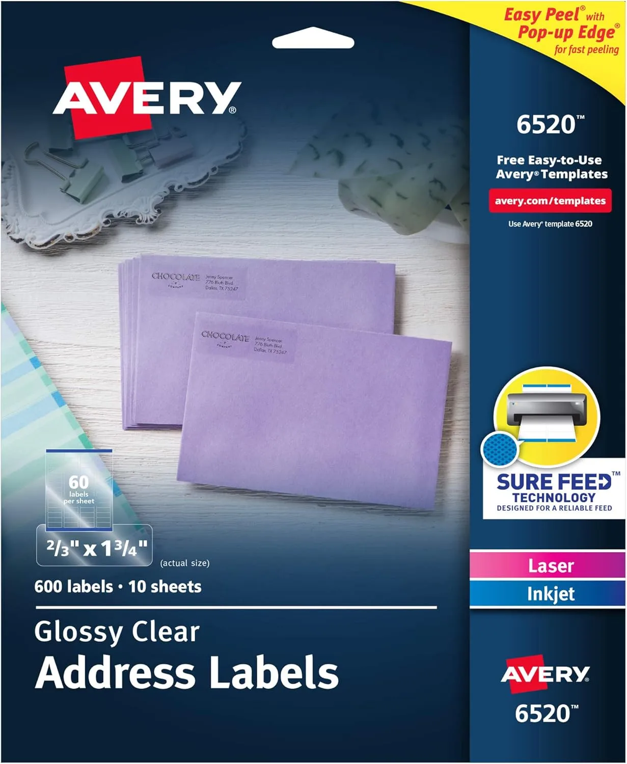 Avery Printable Glossy Clear Address Labels with Sure Feed & Easy Peel