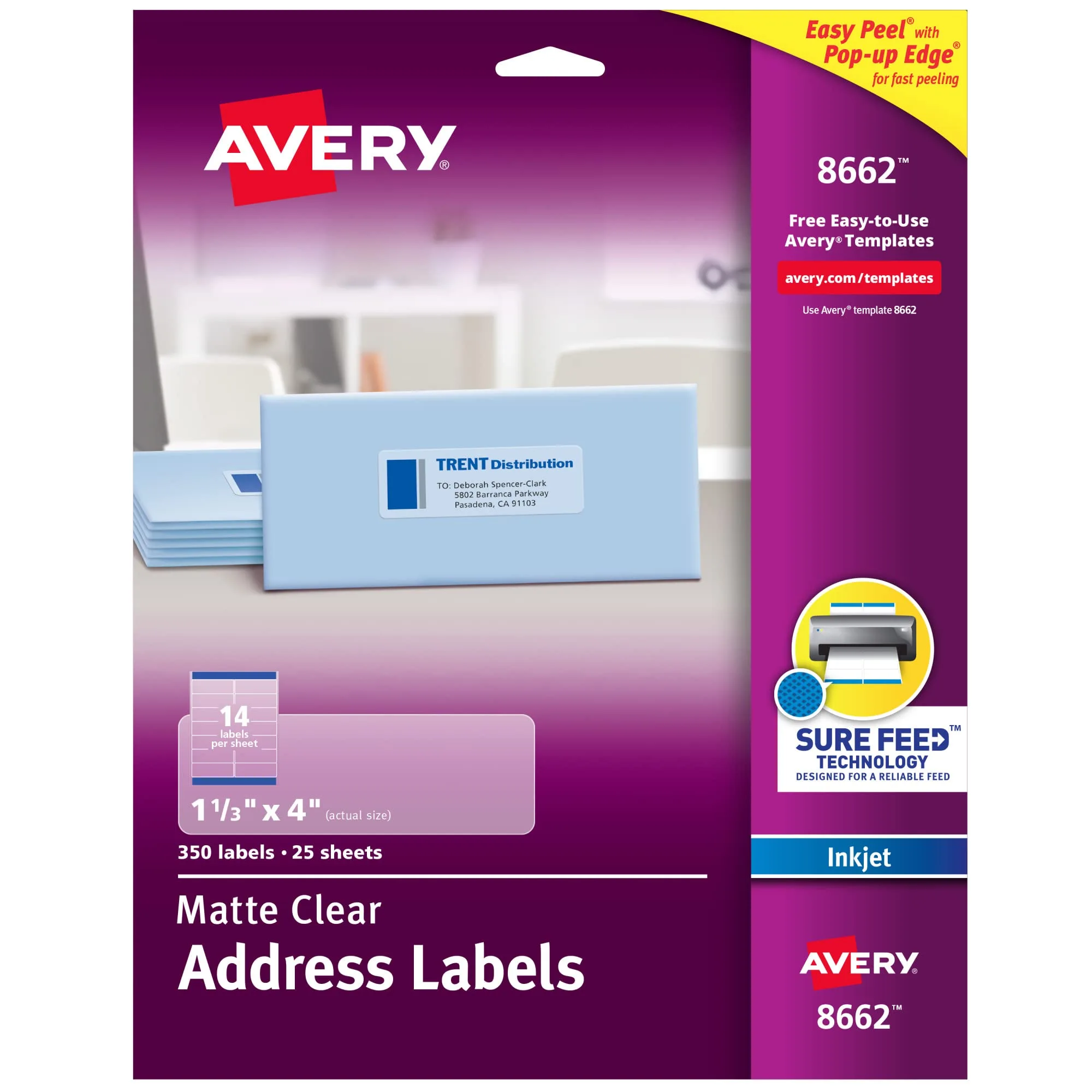Avery Printable Address Labels with Sure Feed, Matte Clear, 1-1/3" x 4", 350 Mailing Labels (08662) One size
