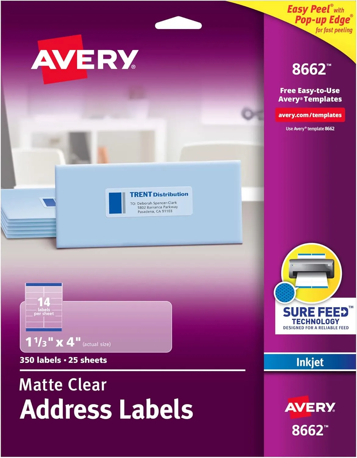 Avery Printable Address Labels with Sure Feed, Matte Clear, 1-1/3" x 4", 350 Mailing Labels (08662) One size