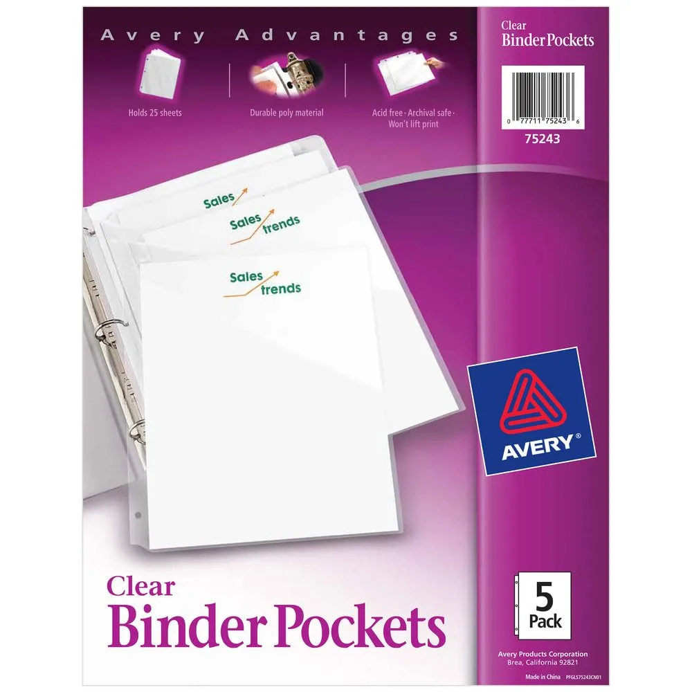 Avery Binder Pockets for 3-Ring Binders, Clear, Pack of 5 (75243)