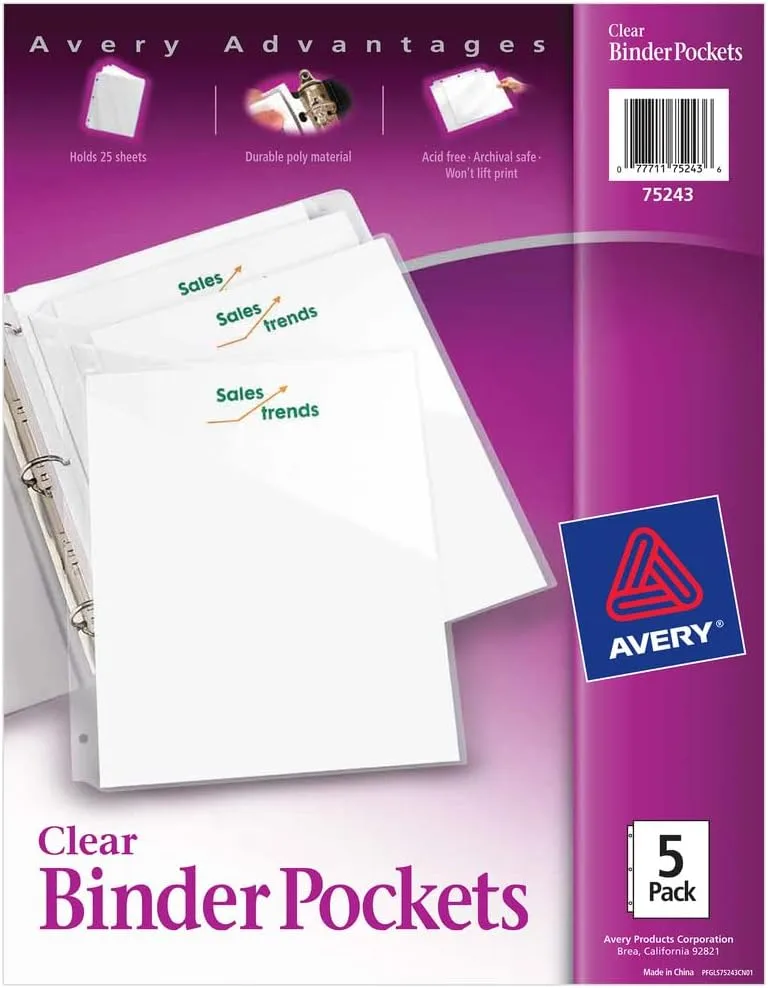 Avery Binder Pockets for 3-Ring Binders, Clear, Pack of 5 (75243)