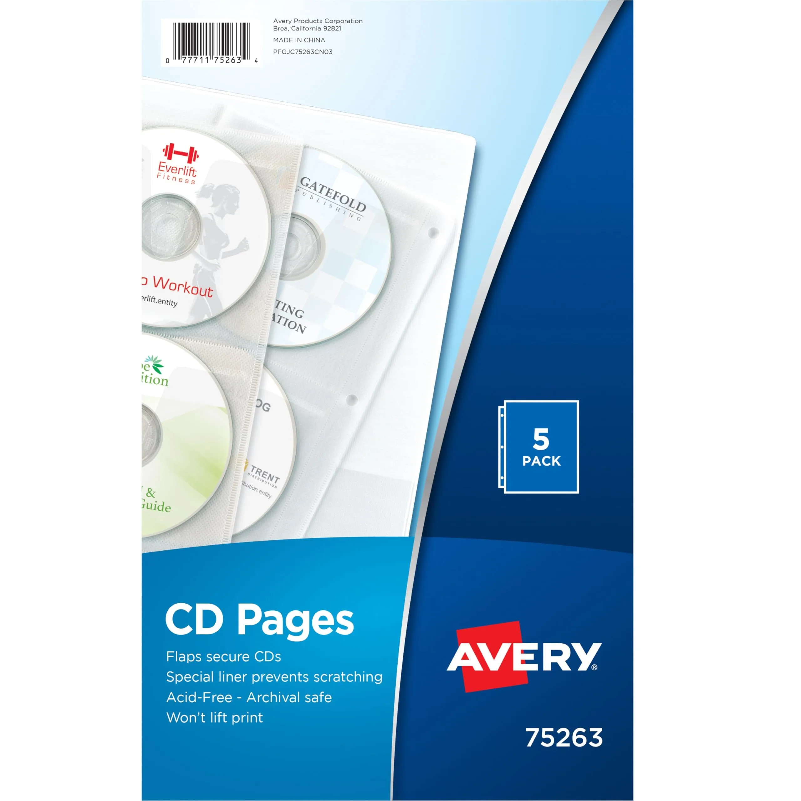 Avery Clear DVD Storage Sleeves for 3 Ring Binder, Two-Sided, Pack of 5 Holds 20 CD/DVDs Total (75263) One Size