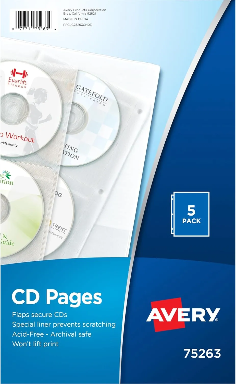Avery Clear DVD Storage Sleeves for 3 Ring Binder, Two-Sided, Pack of 5 Holds 20 CD/DVDs Total (75263) One Size