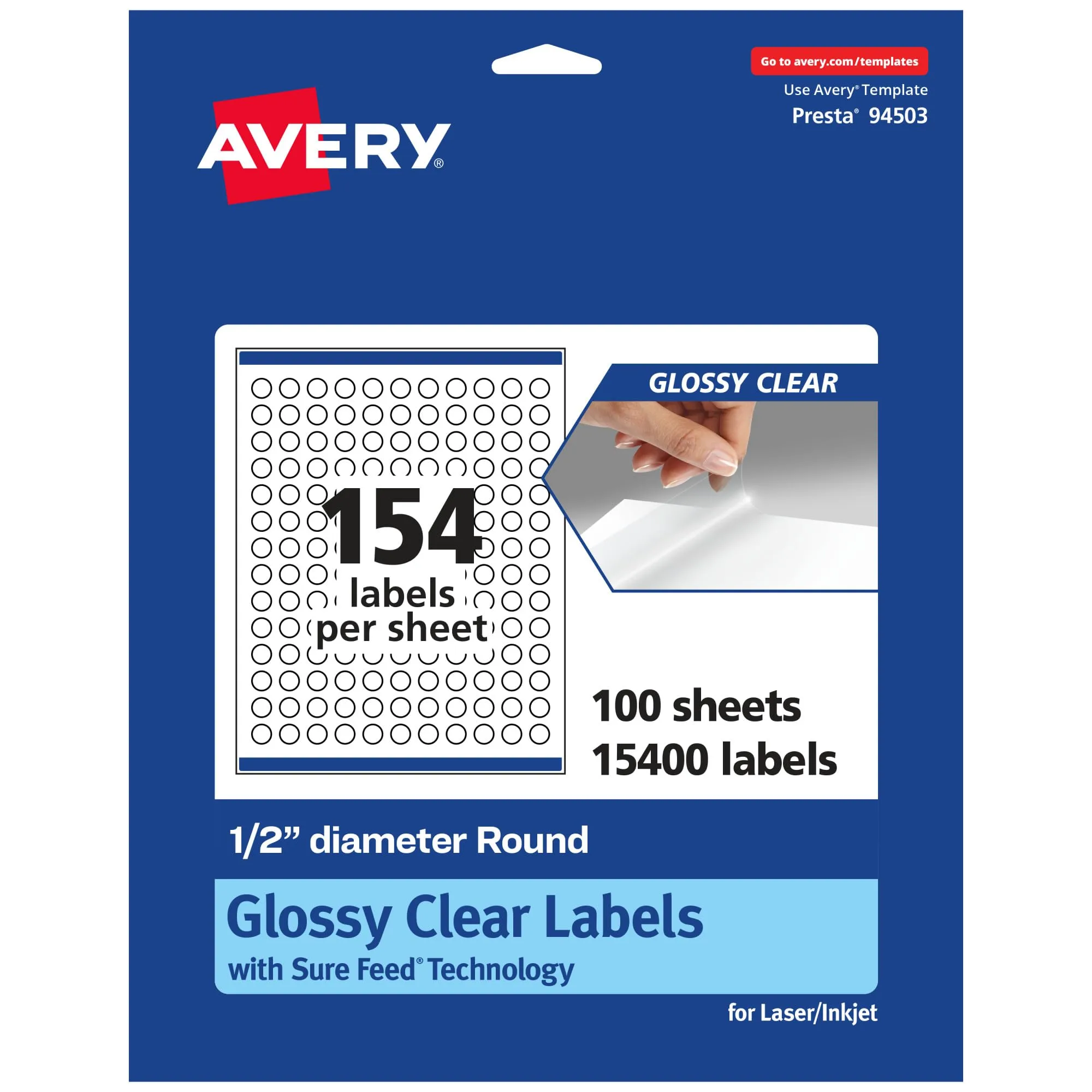 Avery Glossy Clear Round Labels, Sure Feed Technology, 0.5" Diameter, Print-to-The-Edge, Laser/Inkjet Printable