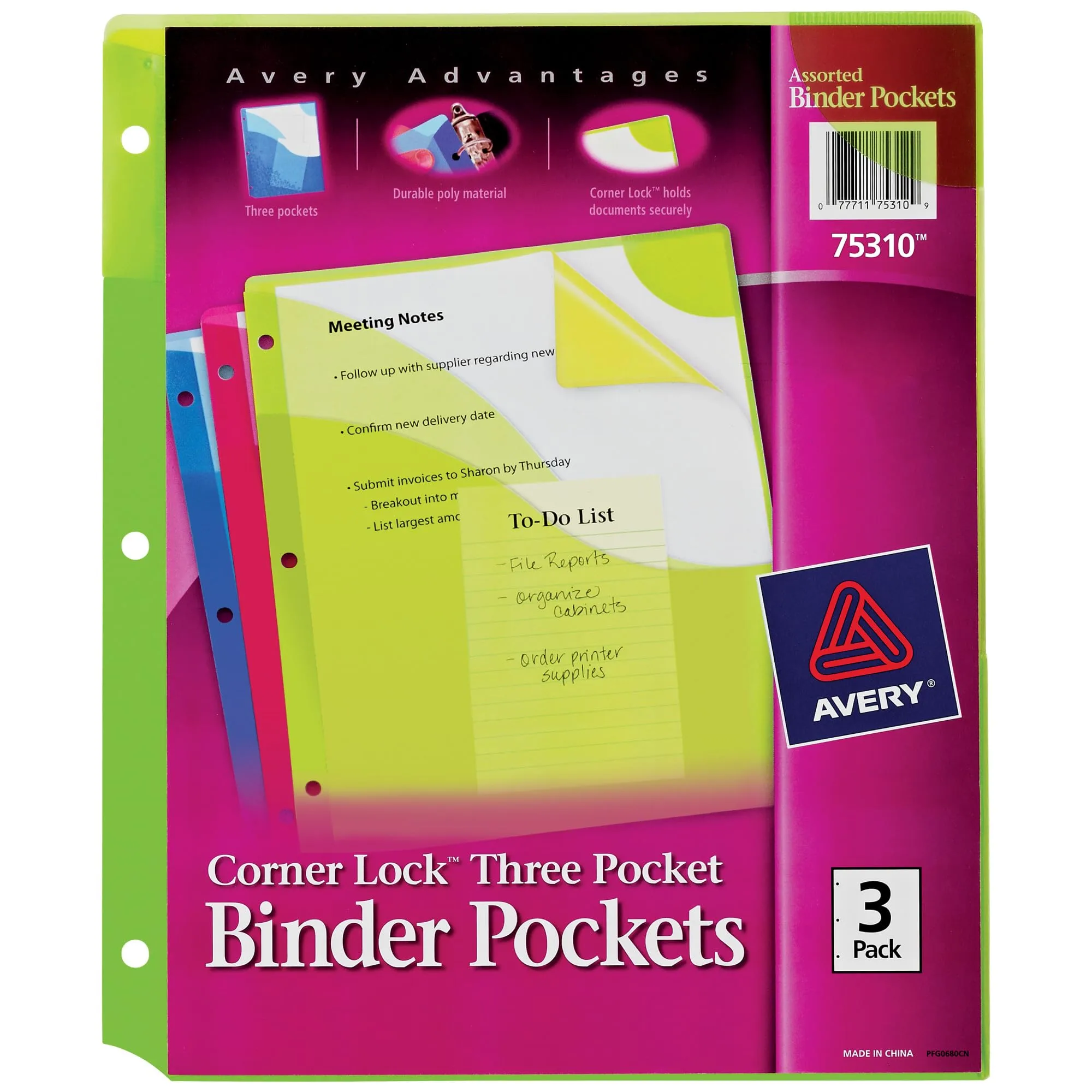 Avery Corner Lock Binder Pockets for 3 Ring Binders, Assorted Colors, for 8.5" x 11" Documents, Acid-Free and Archival-Safe, 3 Binder Folders Total (75310)