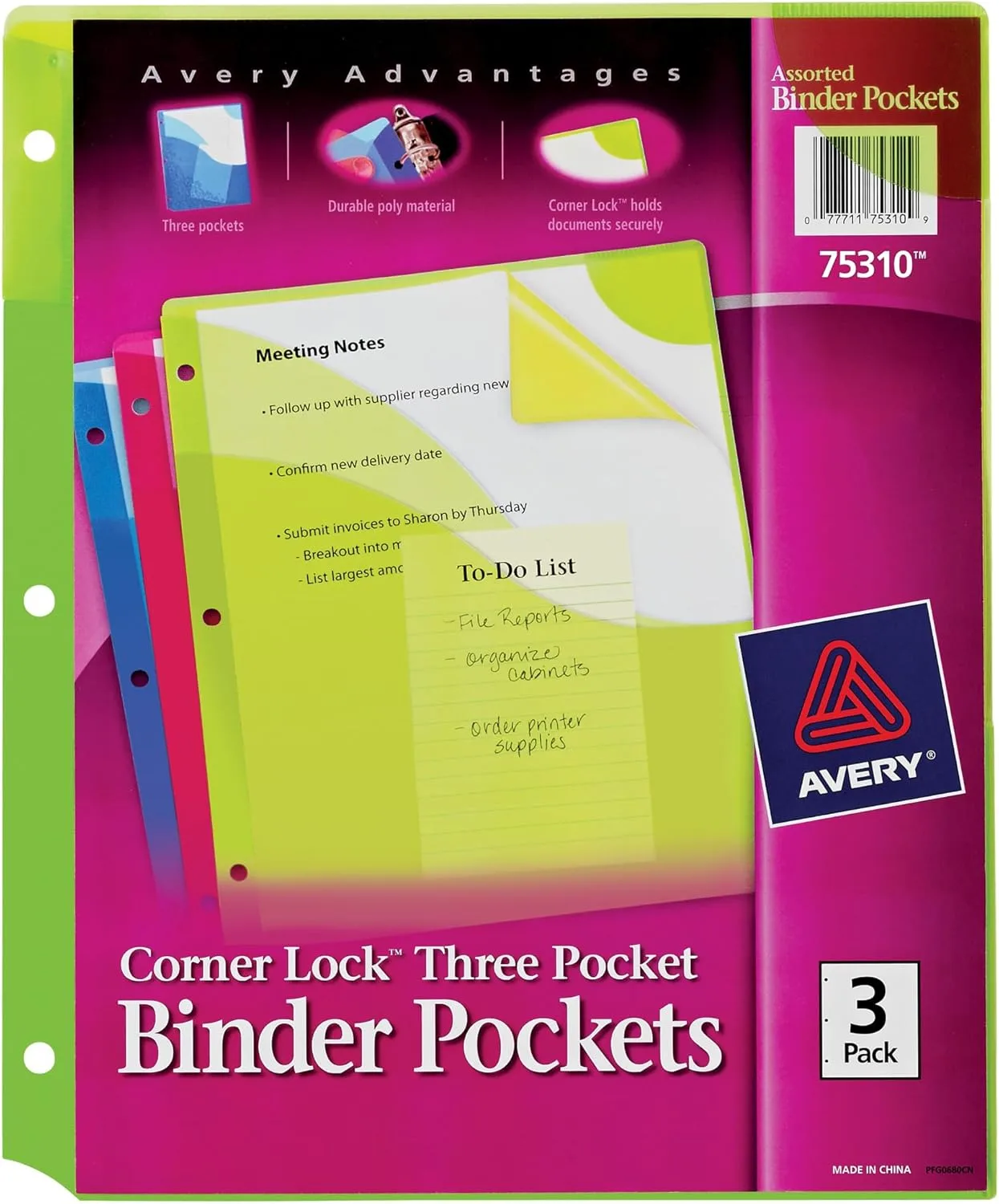 Avery Corner Lock Binder Pockets for 3 Ring Binders, Assorted Colors, for 8.5" x 11" Documents, Acid-Free and Archival-Safe, 3 Binder Folders Total (75310)