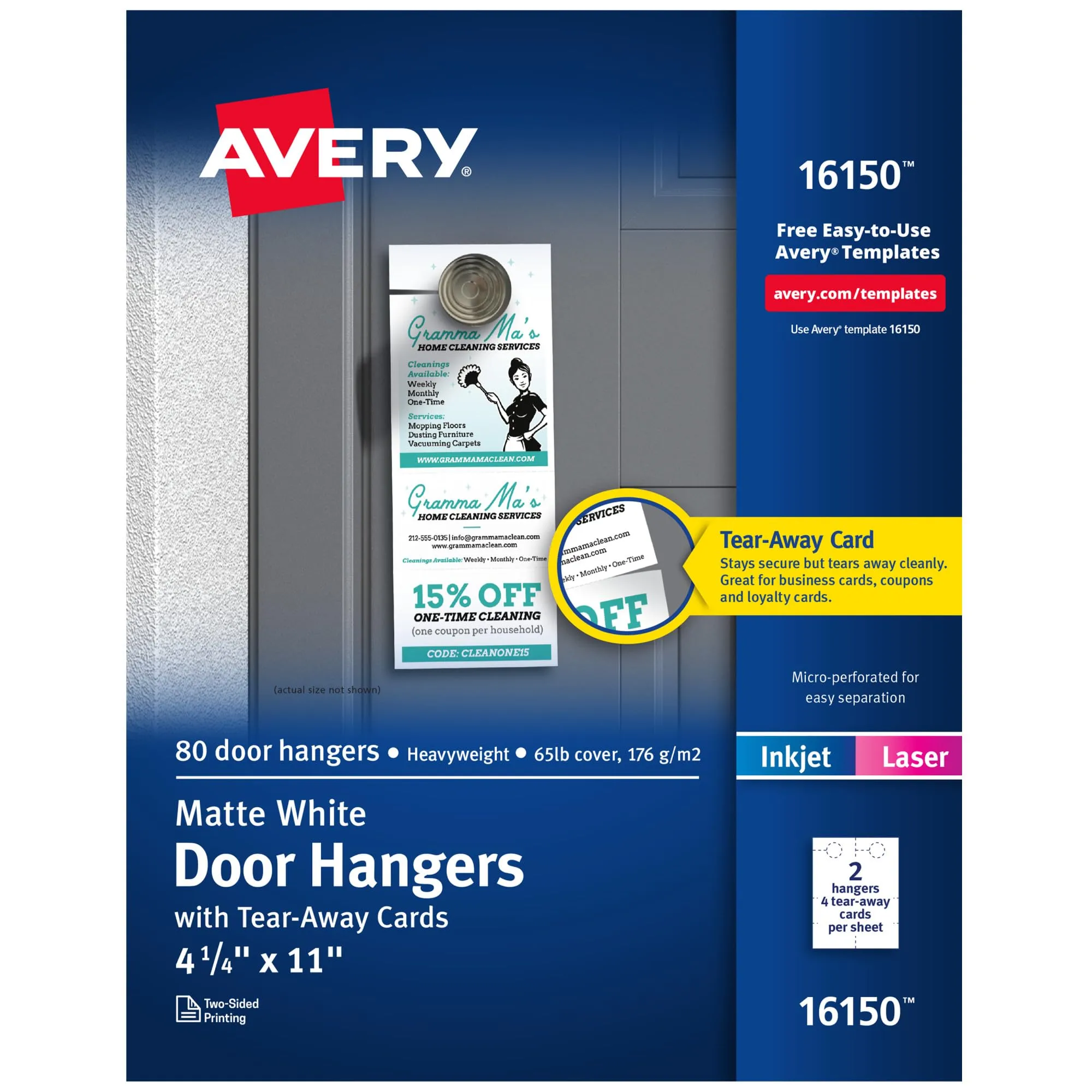Avery Printable Door Hangers with Tear-Away Cards, 4.25" x 11", Matte White, 80 Blank Door Hangers for Laser and Inkjet Printers (16150) One Size