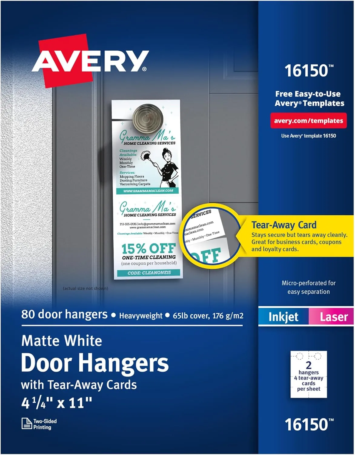 Avery Printable Door Hangers with Tear-Away Cards, 4.25" x 11", Matte White, 80 Blank Door Hangers for Laser and Inkjet Printers (16150) One Size