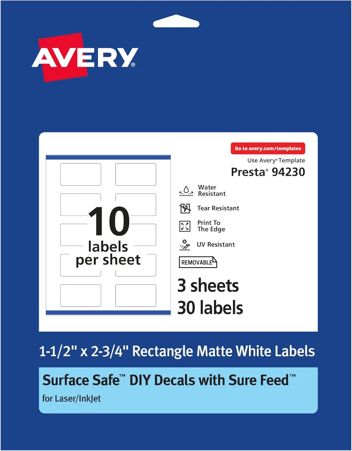 Avery Durable Removable Rectangle Labels, Sure Feed Technology, 1.5" x 2.75", Matte White Film