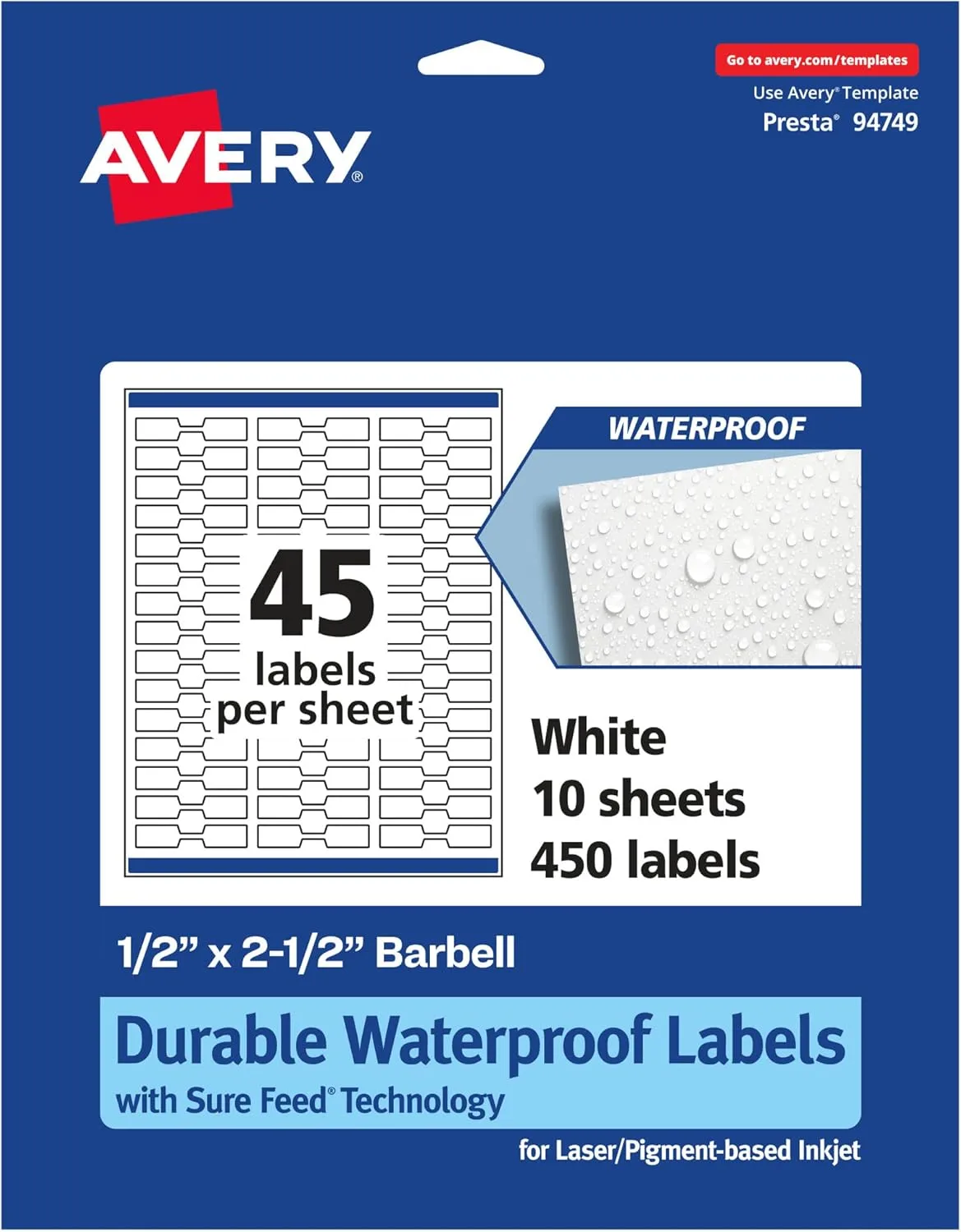 Avery Durable Waterproof Barbell Labels, Sure Feed Technology, 0.5" x 2.5"