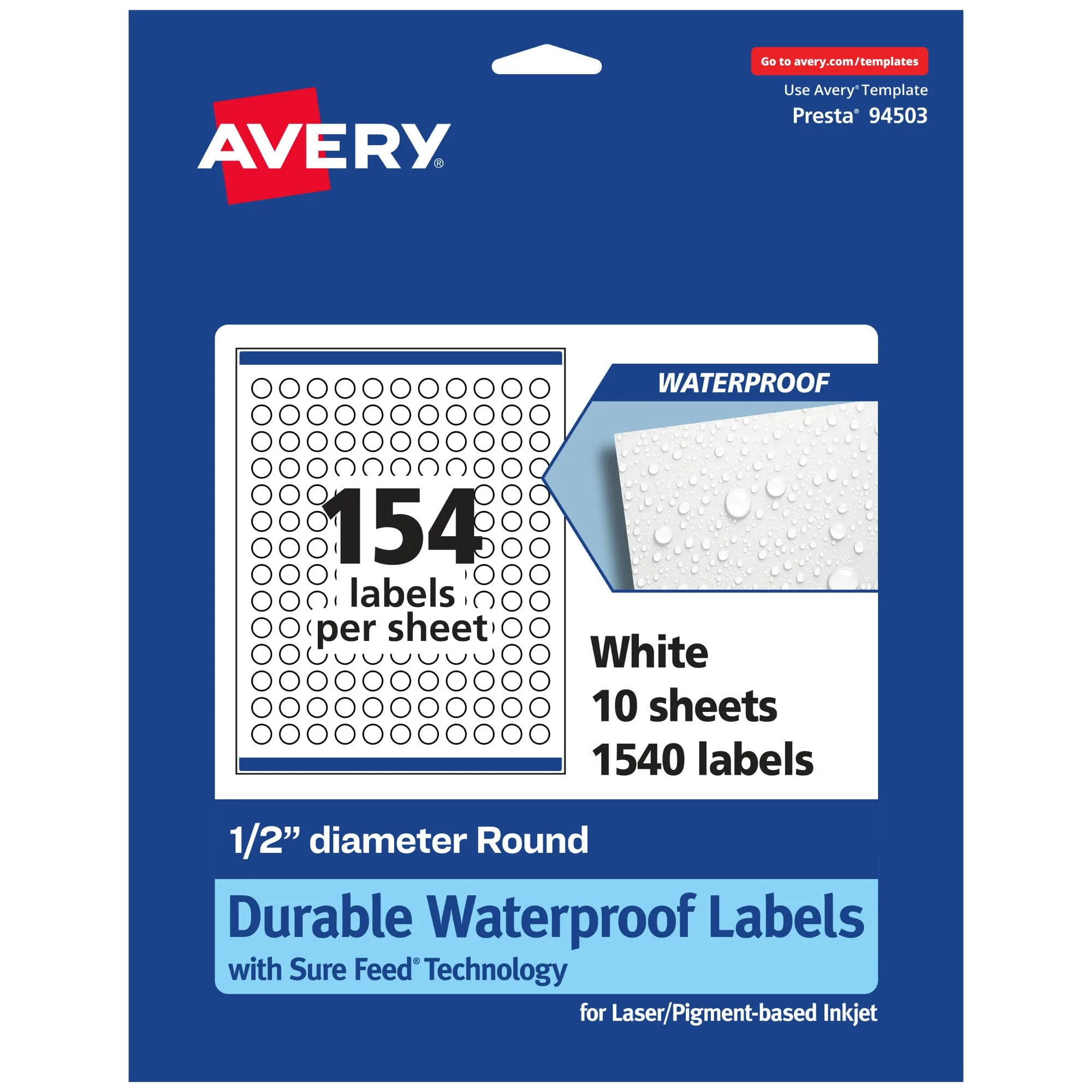 Avery Durable Waterproof Round Labels, Sure Feed Technology, 0.5" Diameter