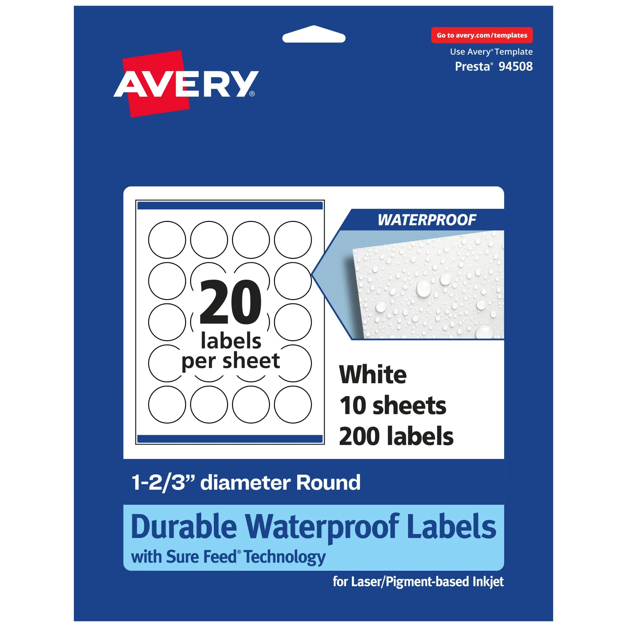 Avery Durable Waterproof Round Labels - 1-2/3" Diameter