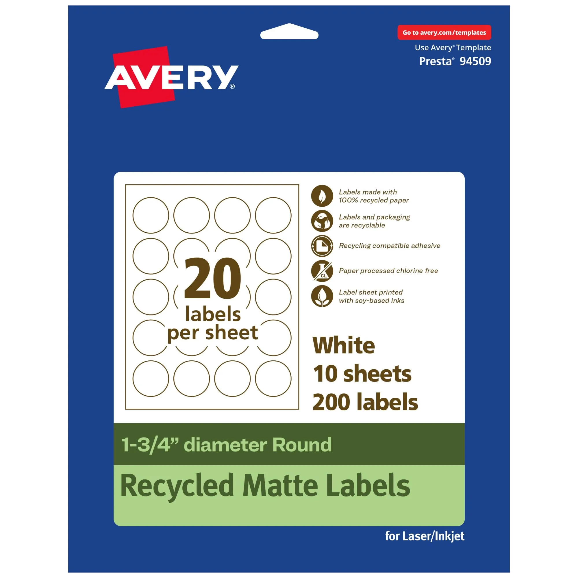 AVERY EcoFriendly Matte White Recycled Round Labels, 1.75" Diameter, Print-to-The-Edge, Permanent Adhesive