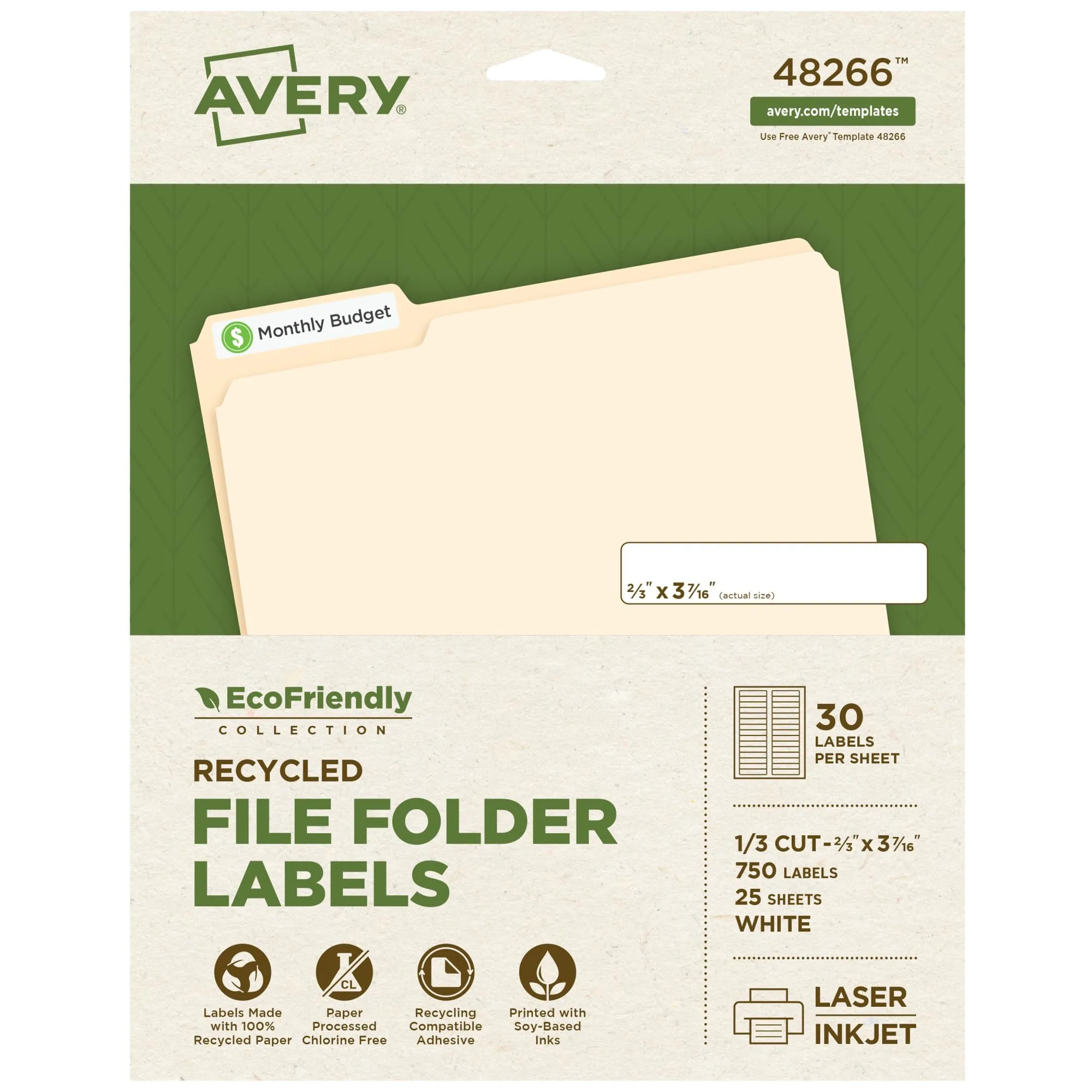 Avery EcoFriendly Recycled File Folder Labels, 2/3 x 3-7/16, White, 750 Labels