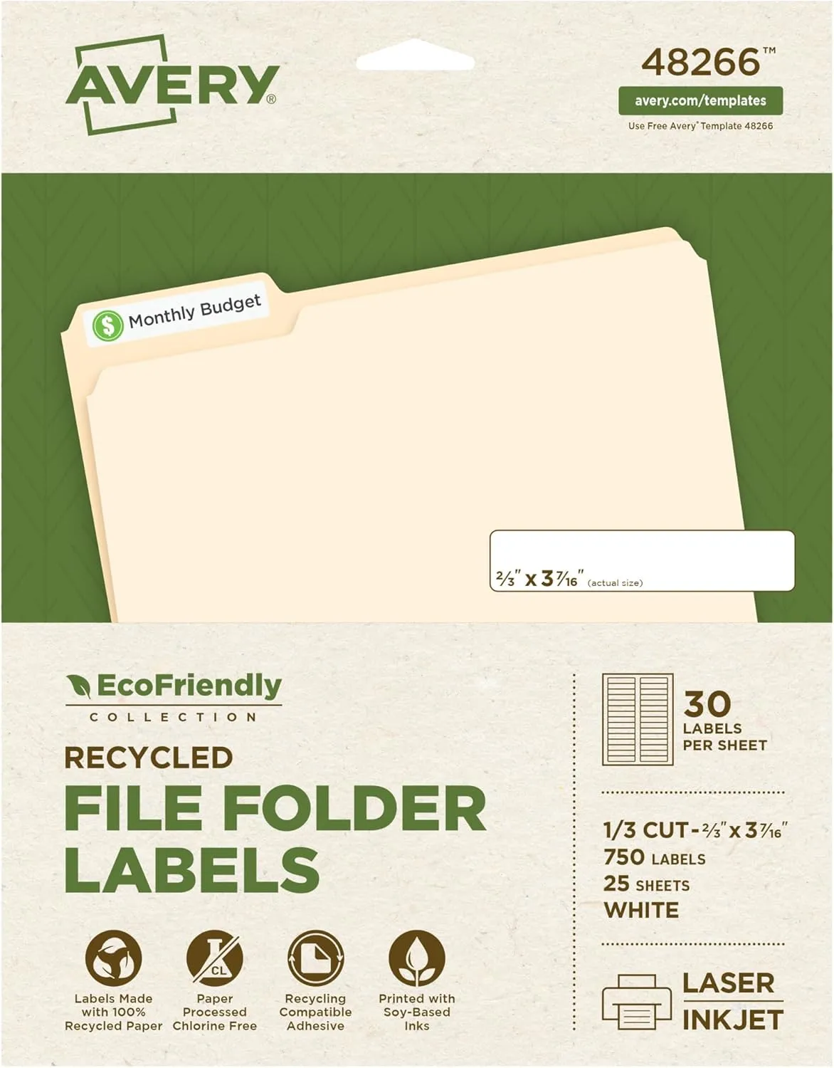 Avery EcoFriendly Recycled File Folder Labels, 2/3 x 3-7/16, White, 750 Labels