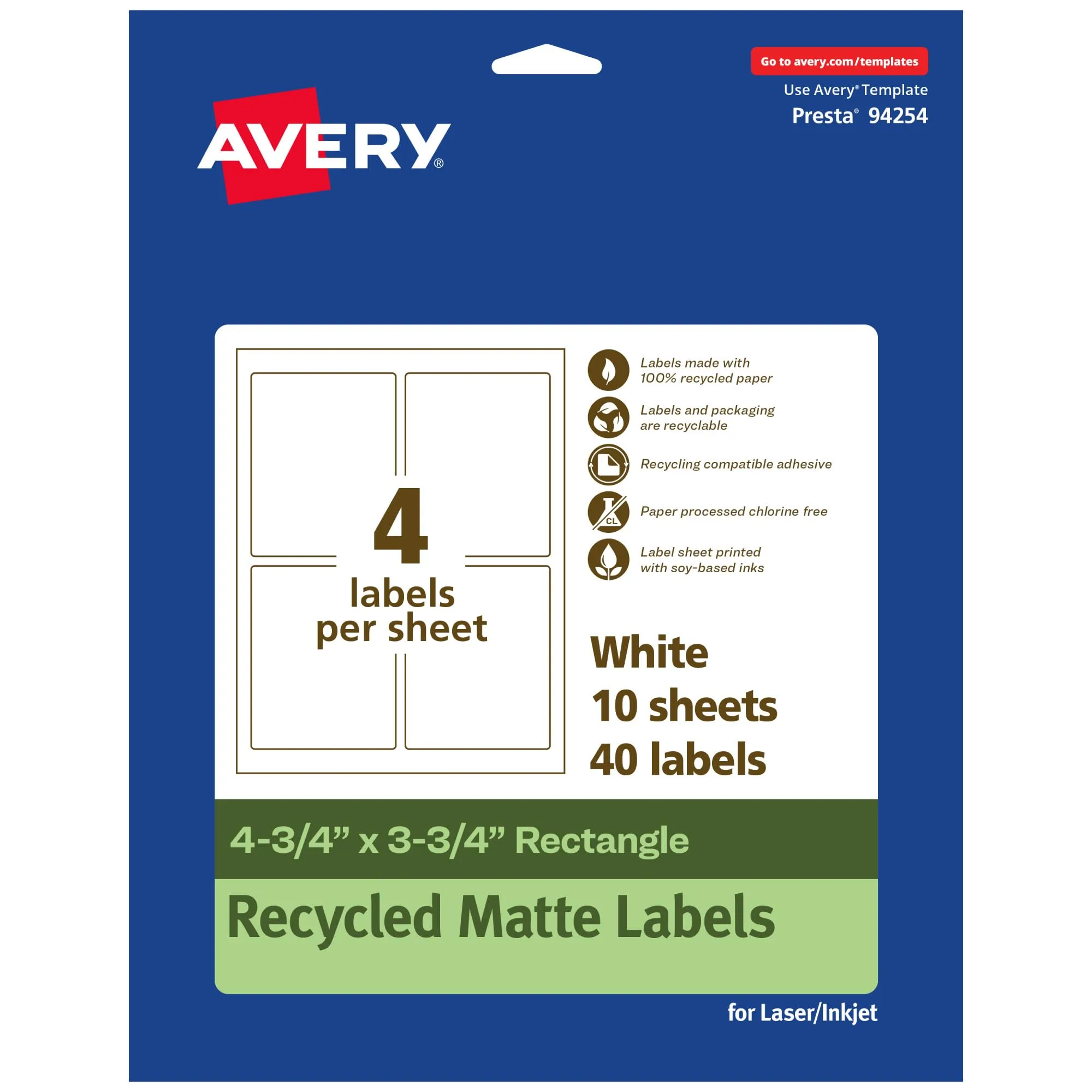 Avery EcoFriendly Matte White Recycled Rectangle Labels, 4.75" x 3.75", Print-to-The-Edge, Permanent Adhesive