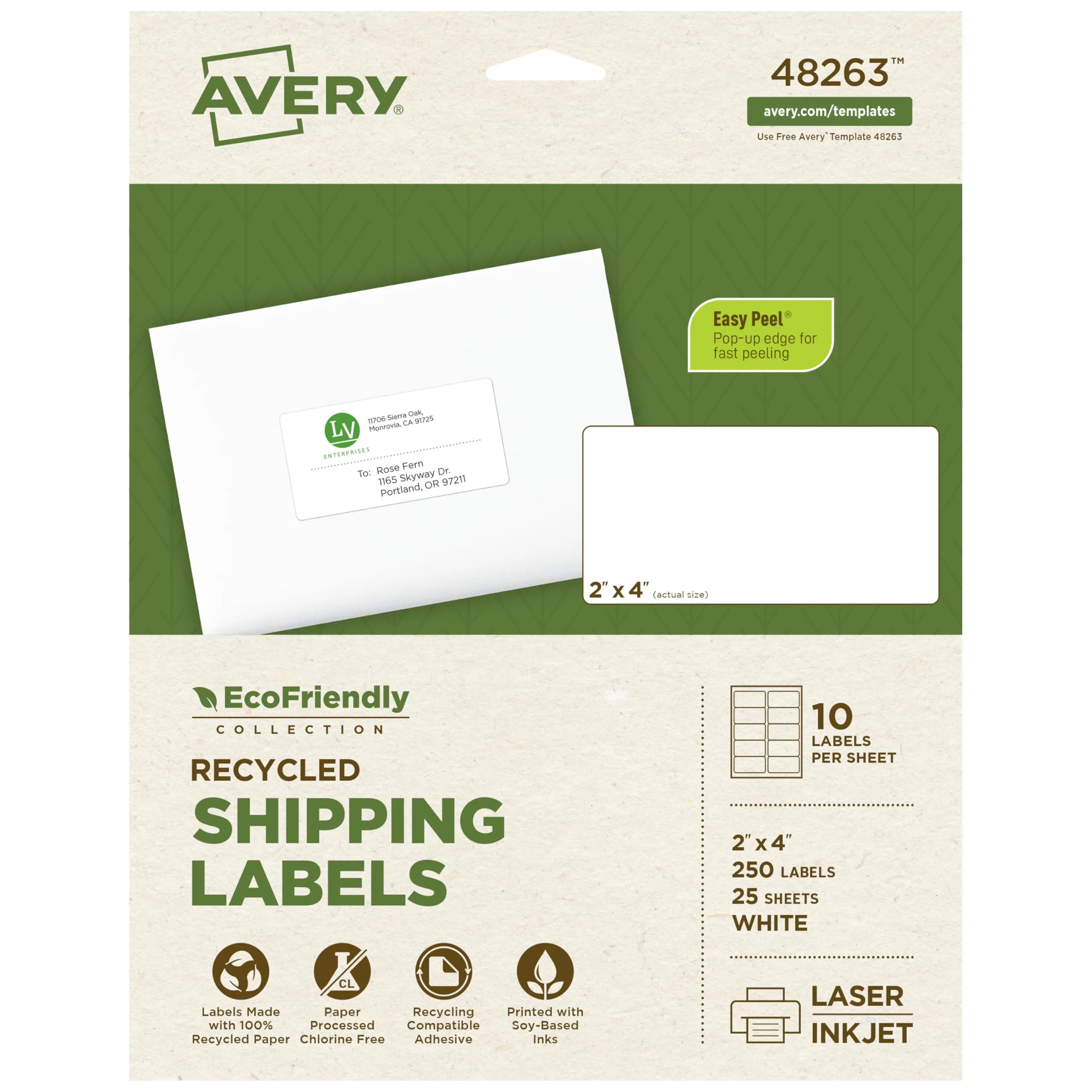 Avery EcoFriendly Recycled Shipping Labels, 2" x 4", White, Permanent Adhesive