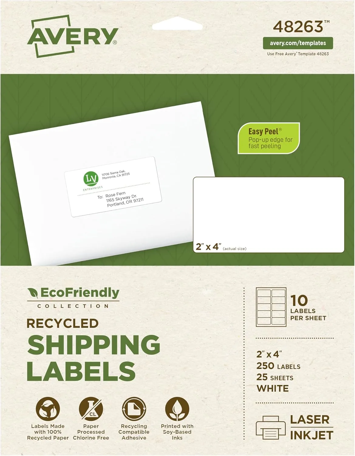 Avery EcoFriendly Recycled Shipping Labels, 2" x 4", White, Permanent Adhesive