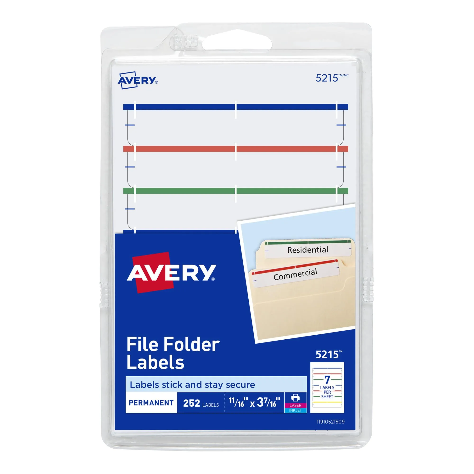 Avery File Folder Labels on 4" x 6" Sheets, Easy Peel, Assorted, Print & Handwrite, 2/3" x 3-7/16", 252 Labels (5215) Assorted 1 Pack