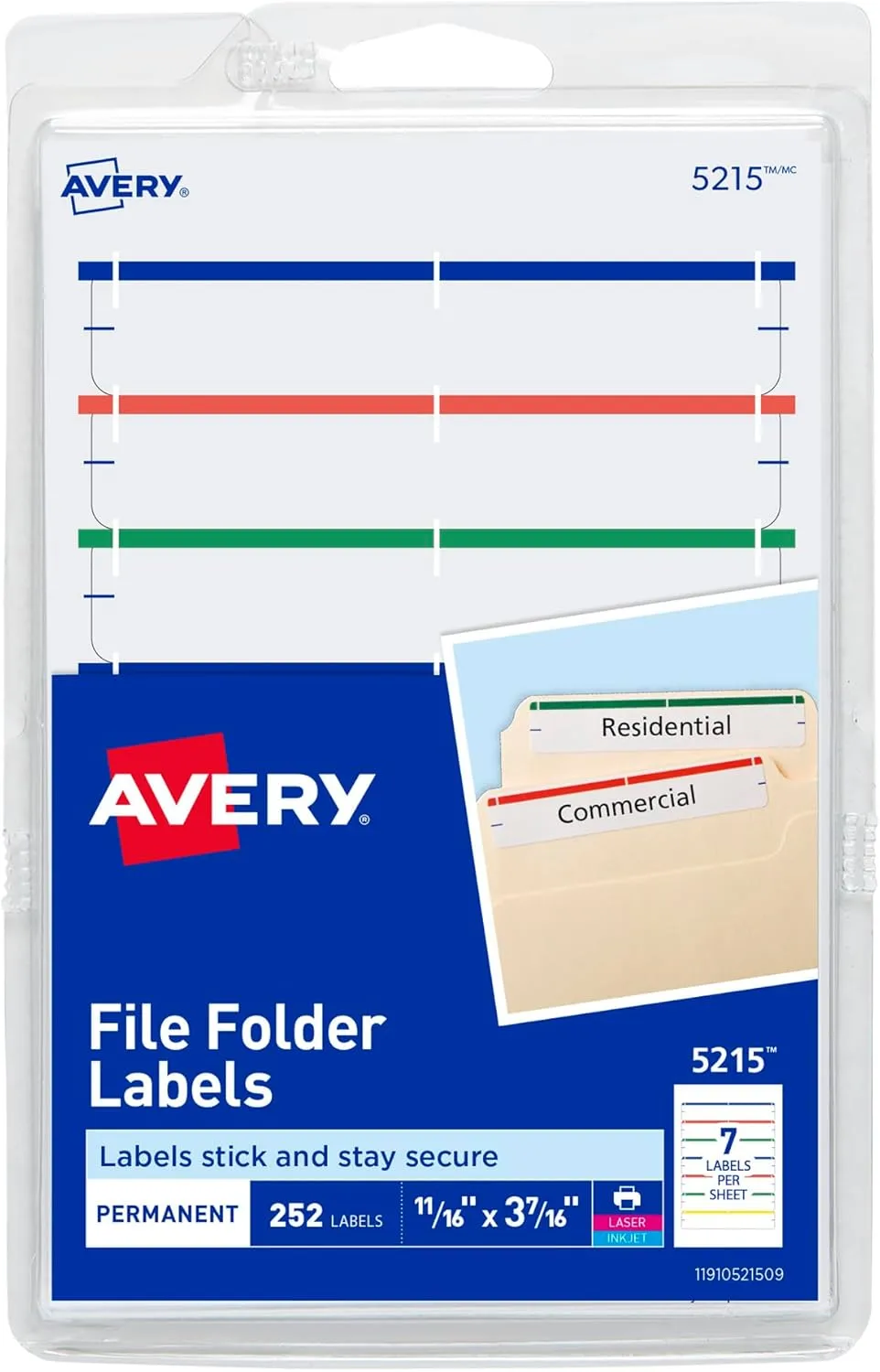 Avery File Folder Labels on 4" x 6" Sheets, Easy Peel, Assorted, Print & Handwrite, 2/3" x 3-7/16", 252 Labels (5215) Assorted 1 Pack