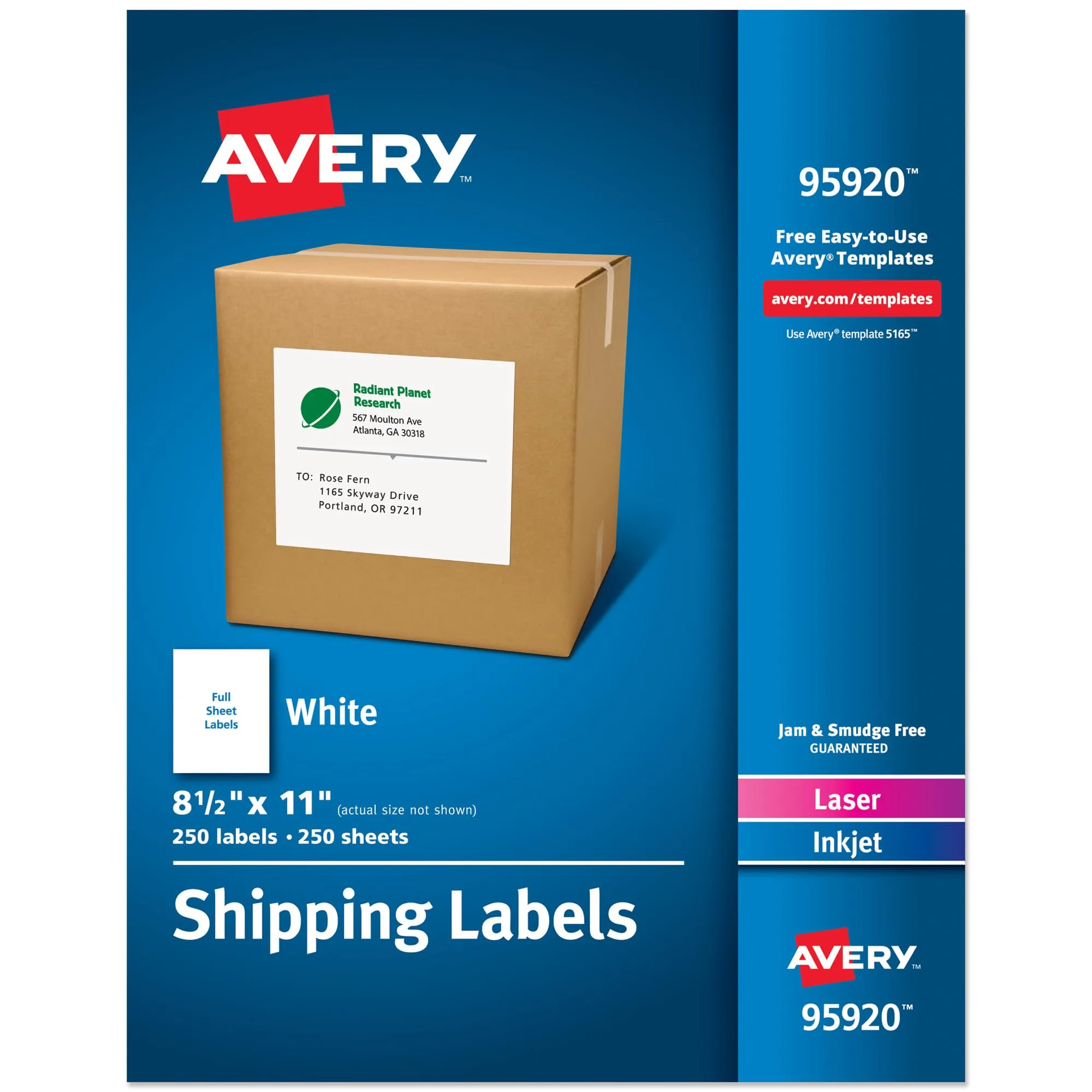 Avery Full Sheet Printable Shipping Labels, 8.5" x 11", White, 250 Blank Mailing Labels, Great for Packages, Product Merchandising, Organization, and More (95920)