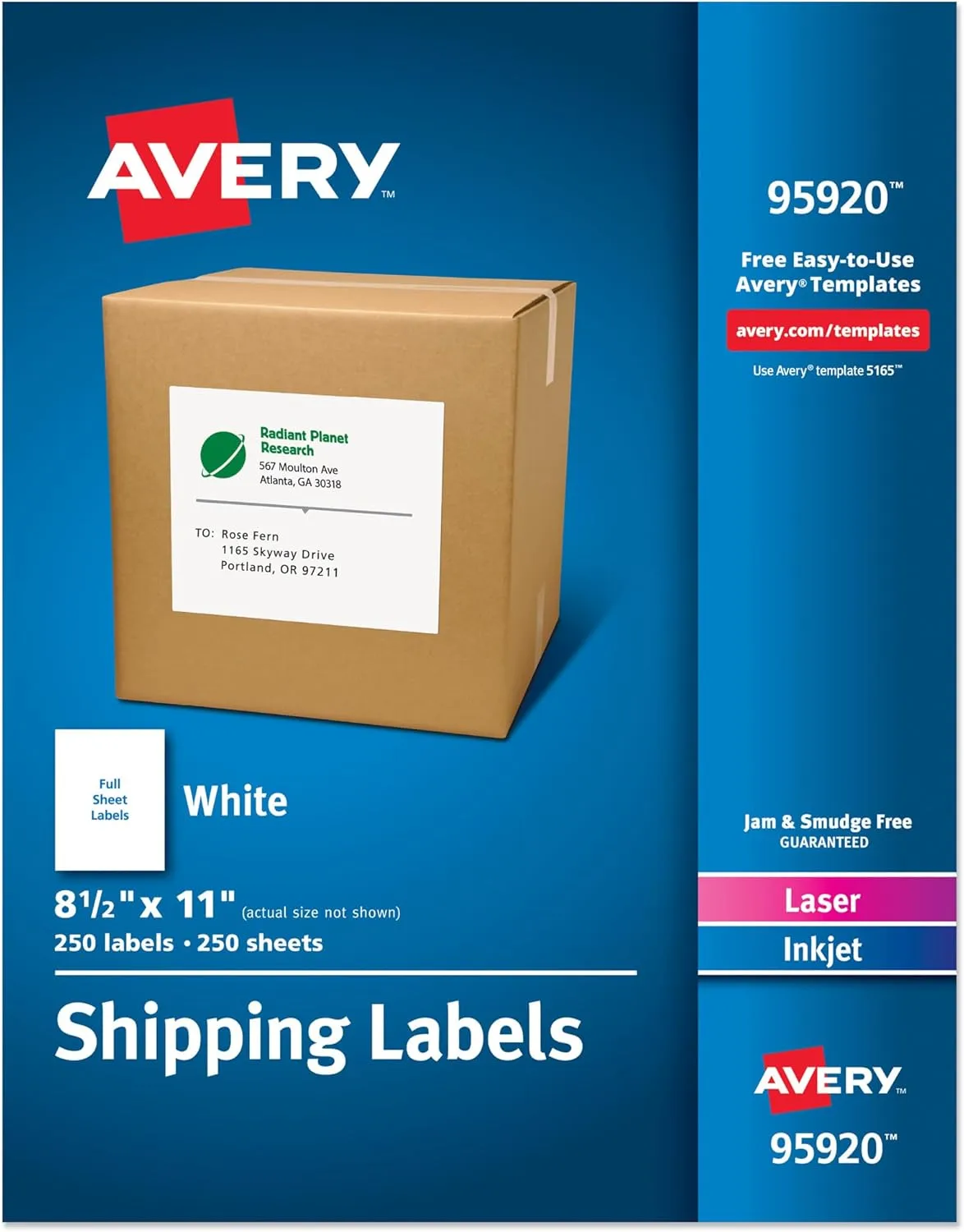 Avery Full Sheet Printable Shipping Labels, 8.5" x 11", White, 250 Blank Mailing Labels, Great for Packages, Product Merchandising, Organization, and More (95920)
