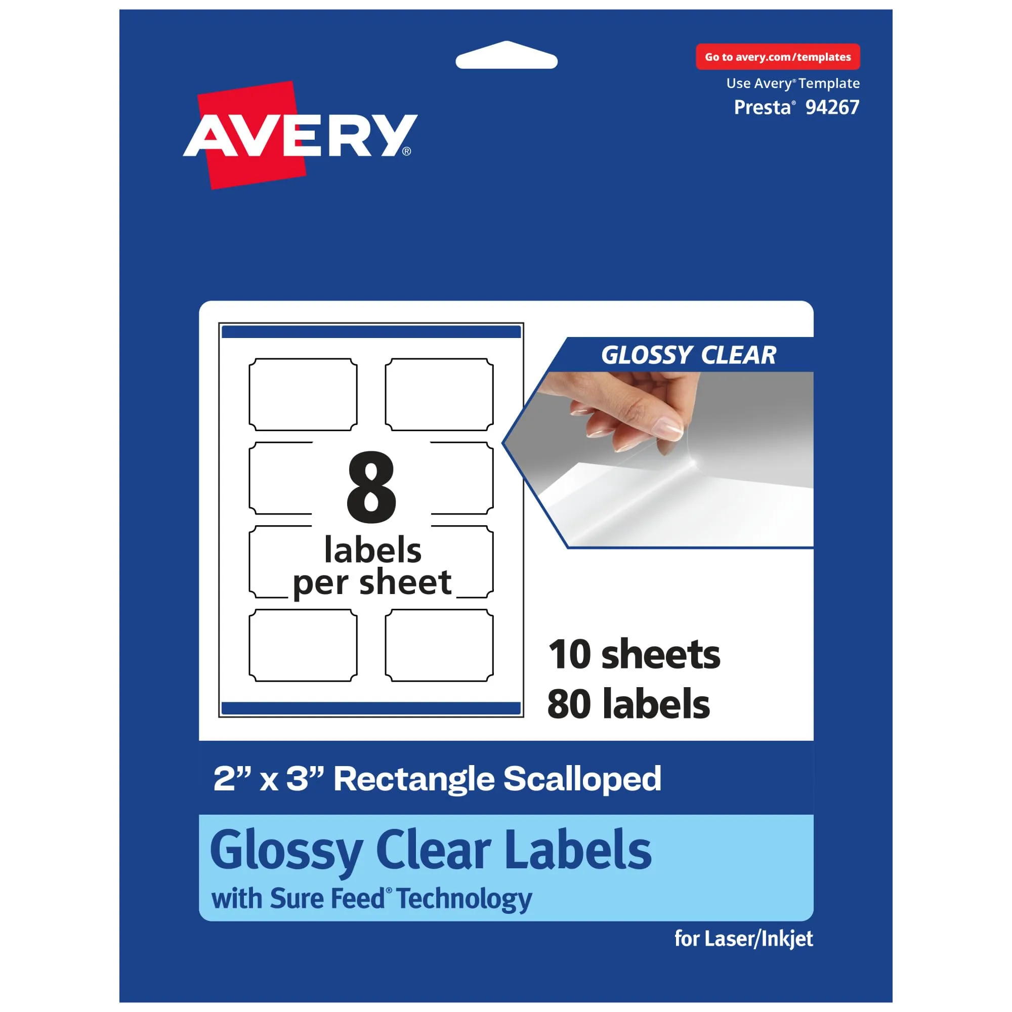 AVERY Glossy Clear Rectangle Scalloped Labels, Sure Feed Technology, 2" x 3"