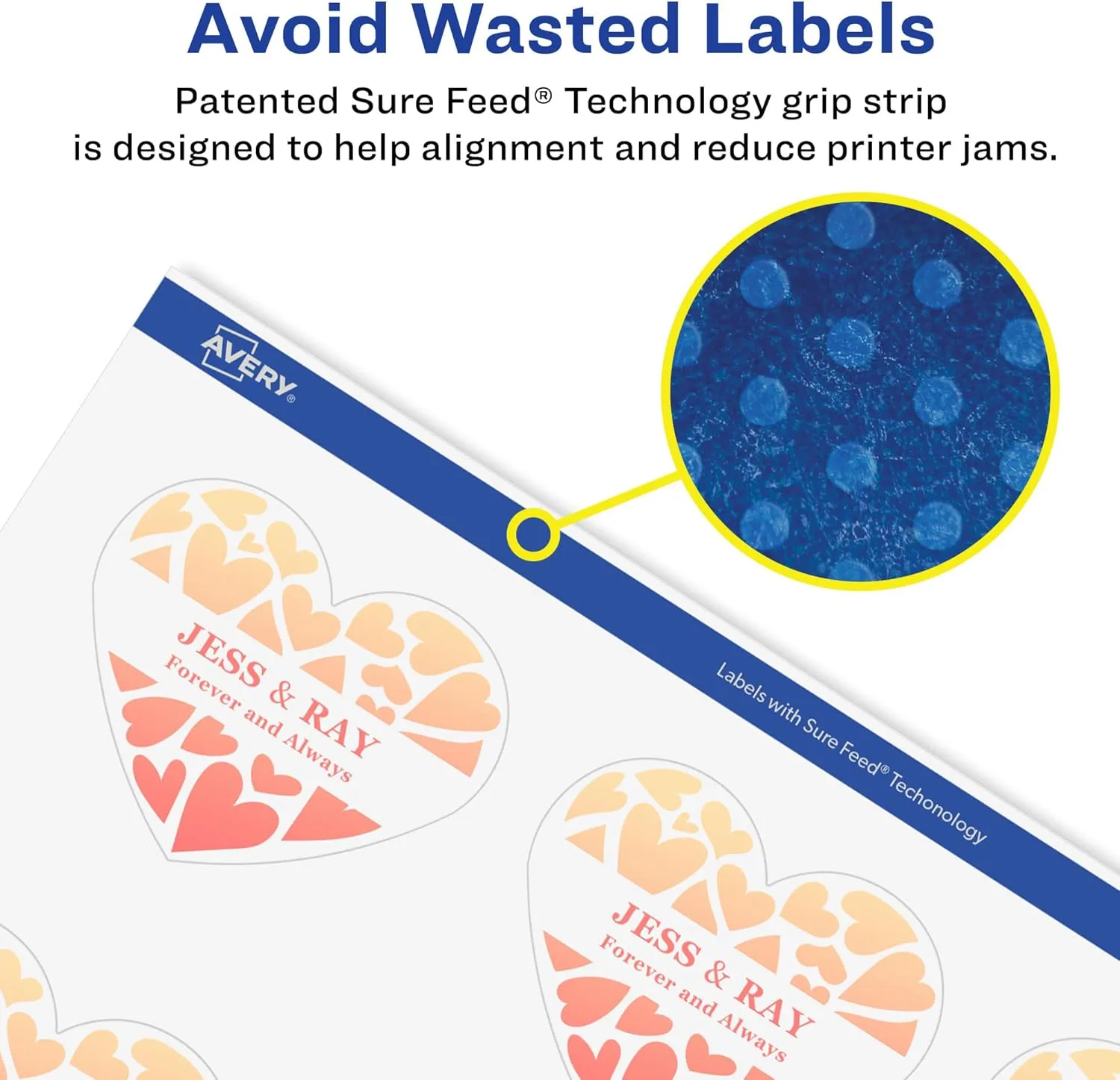 Avery Glossy Clear Heart Labels, Sure Feed Technology, 2-9/32" x 1-27/32", Print-to-The-Edge, Laser/Inkjet Printable