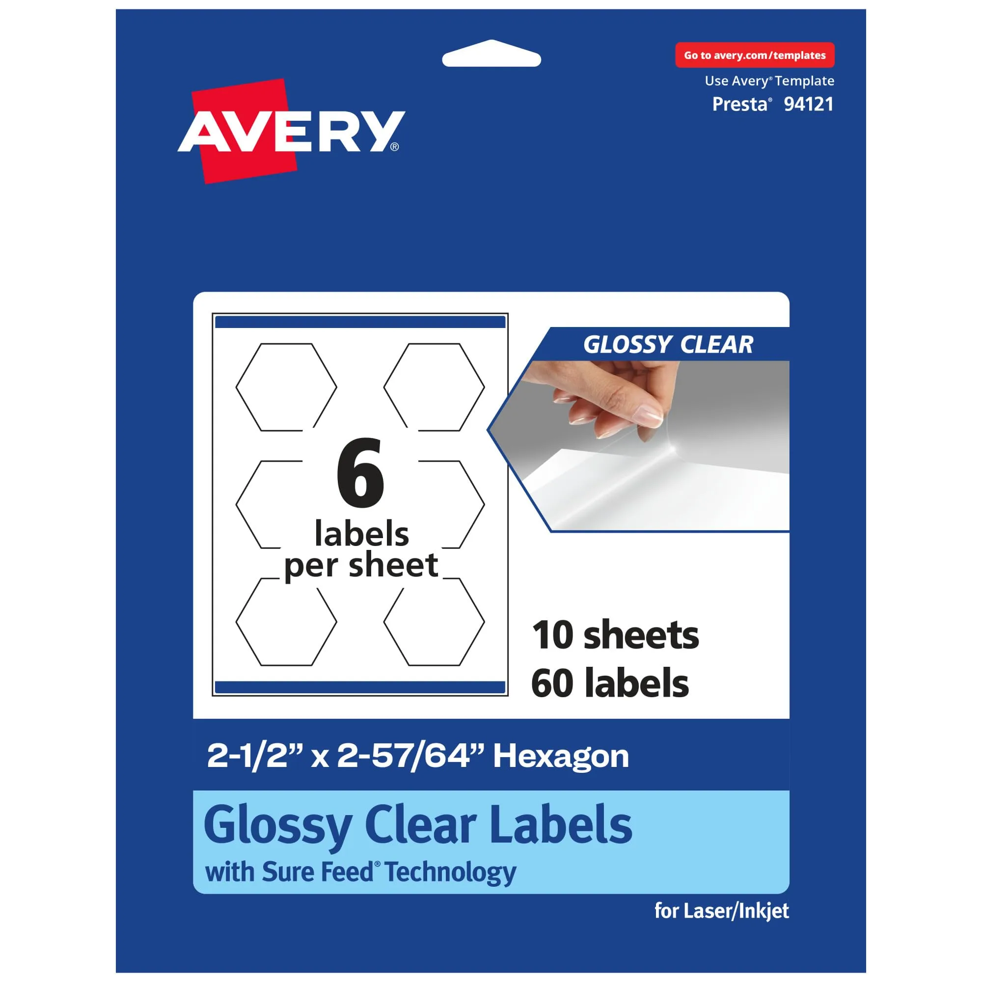 Avery Glossy Clear Hexagon Labels, Sure Feed Technology, 2-1/2" x 2-57/64", Print-to-the-Edge, Laser/Inkjet Printable