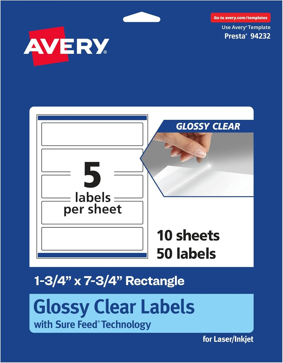 Avery Glossy Clear Rectangle Labels, Sure Feed Technology, 1.75" x 7.75", 50 Glossy Clear Labels, Print-to-The-Edge