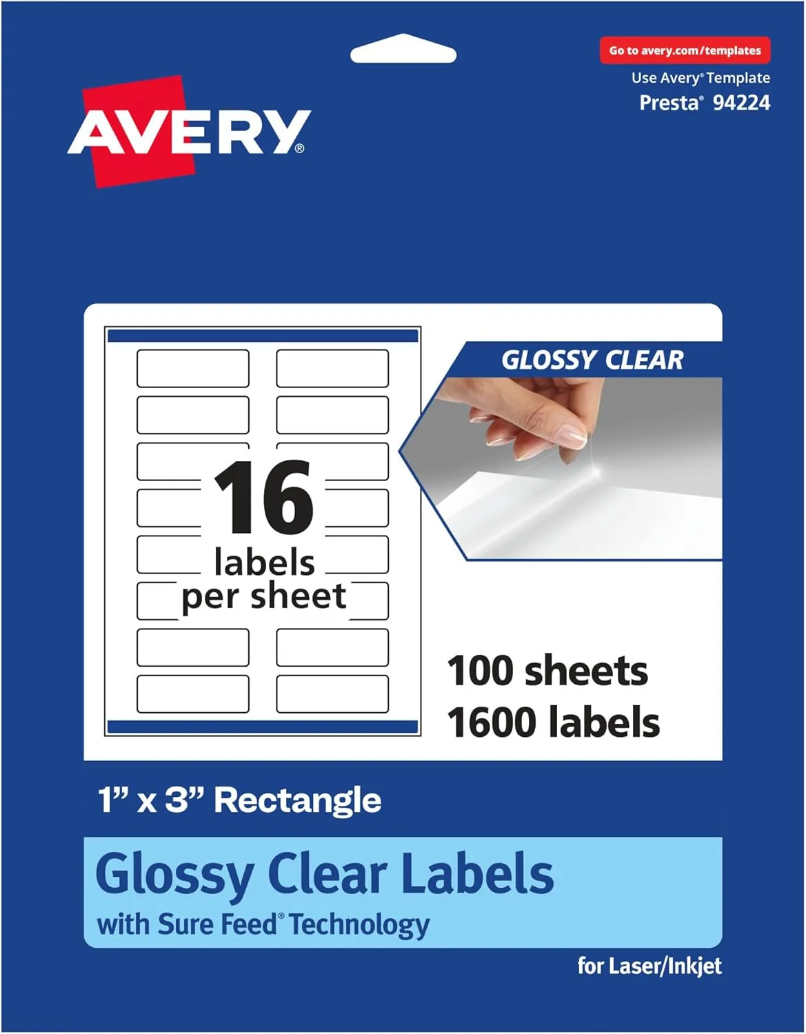 Avery Glossy Clear Rectangle Labels, Sure Feed Technology, 1" x 3"