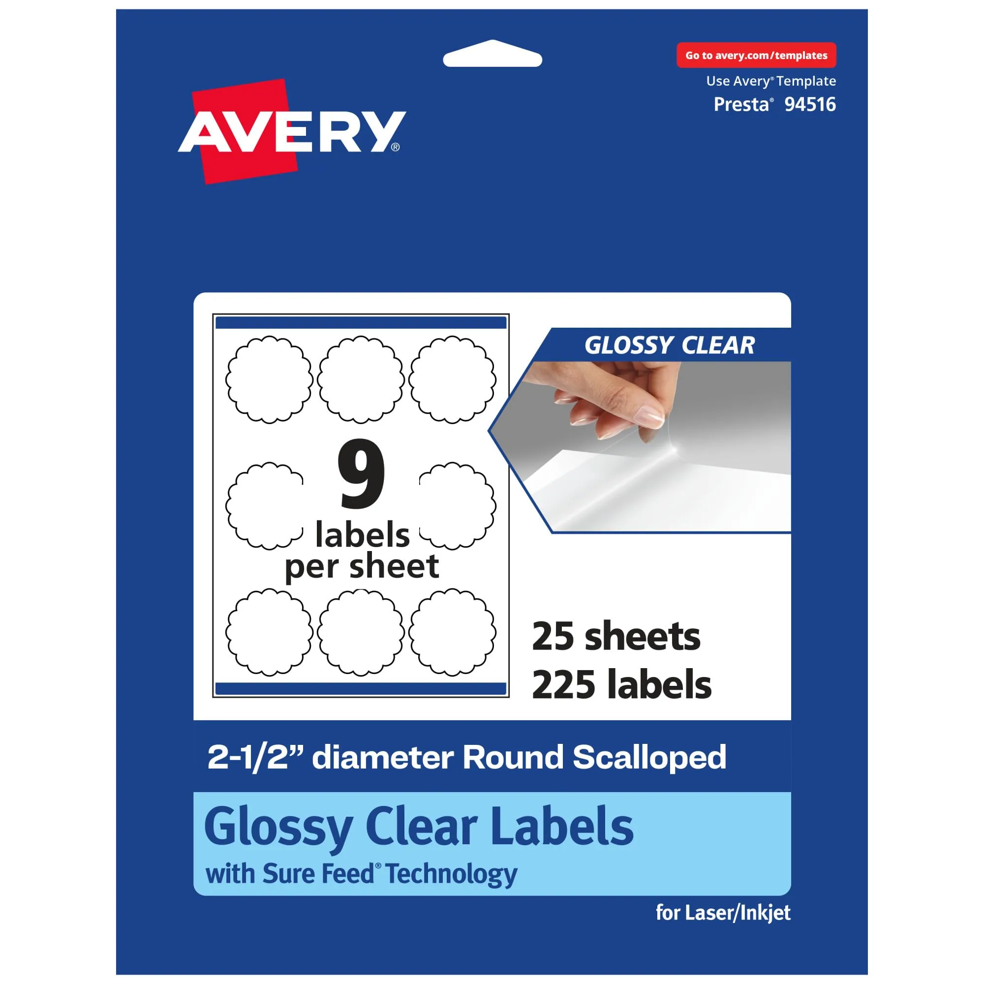 Avery Glossy Clear Round Scalloped Labels, Sure Feed Technology, 2.5" Diameter