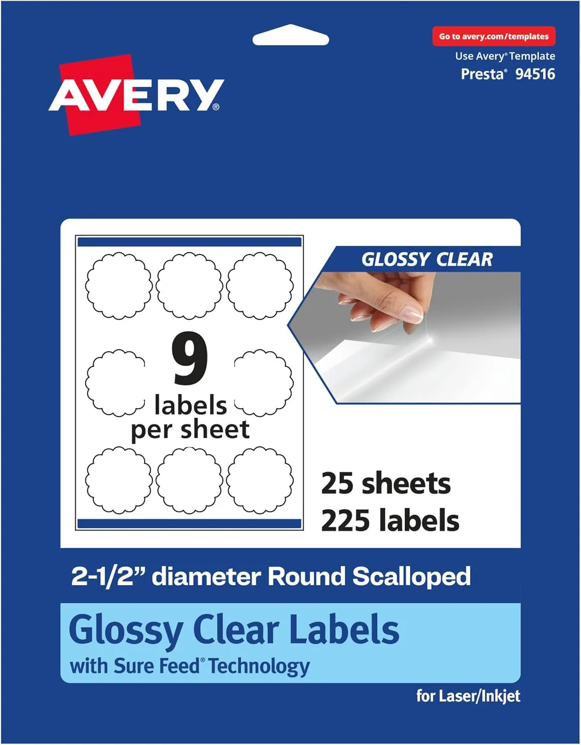 Avery Glossy Clear Round Scalloped Labels, Sure Feed Technology, 2.5" Diameter
