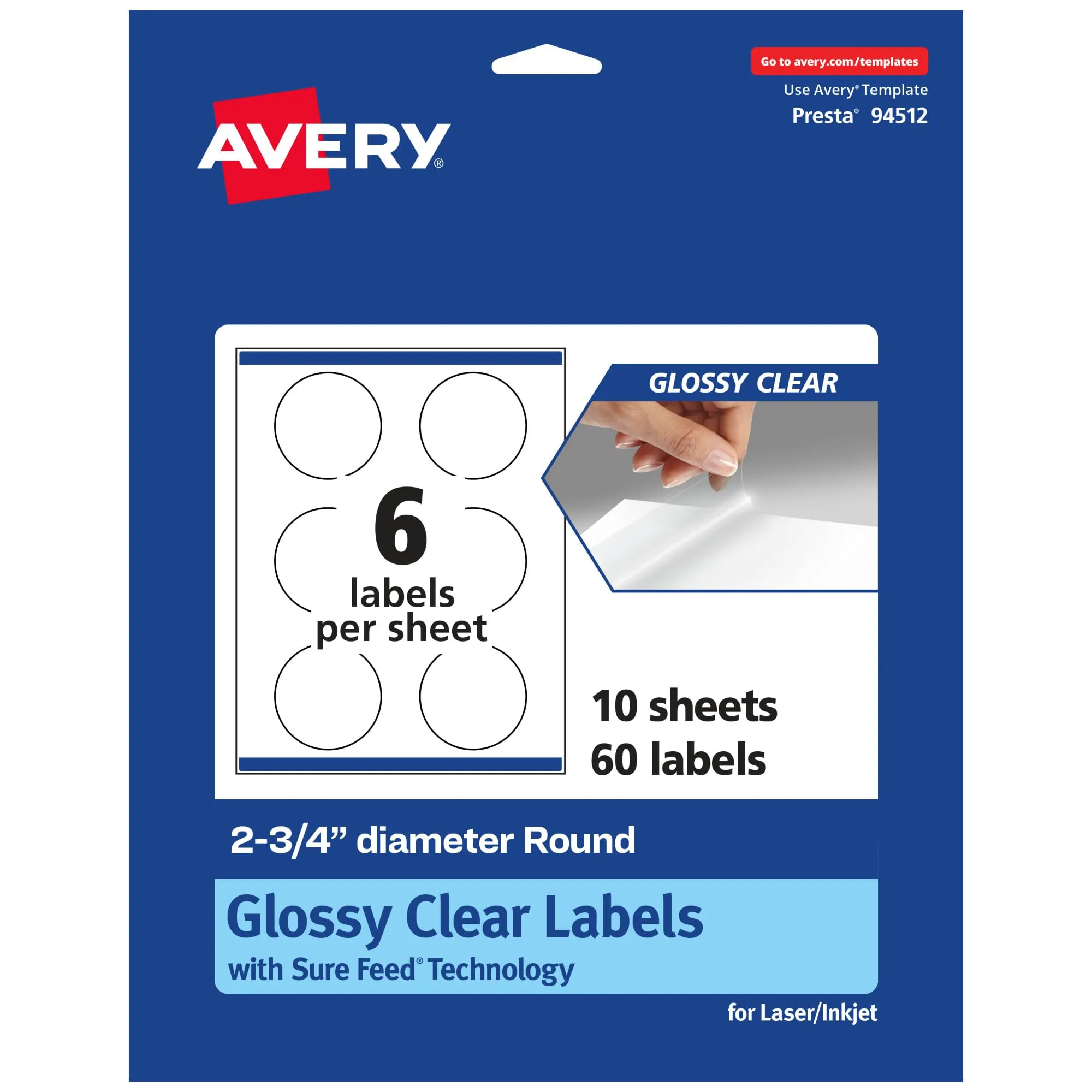 AVERY Glossy Clear Round Labels, Sure Feed Technology, 2.75" Diameter, Print-to-The-Edge, Laser/Inkjet Printable