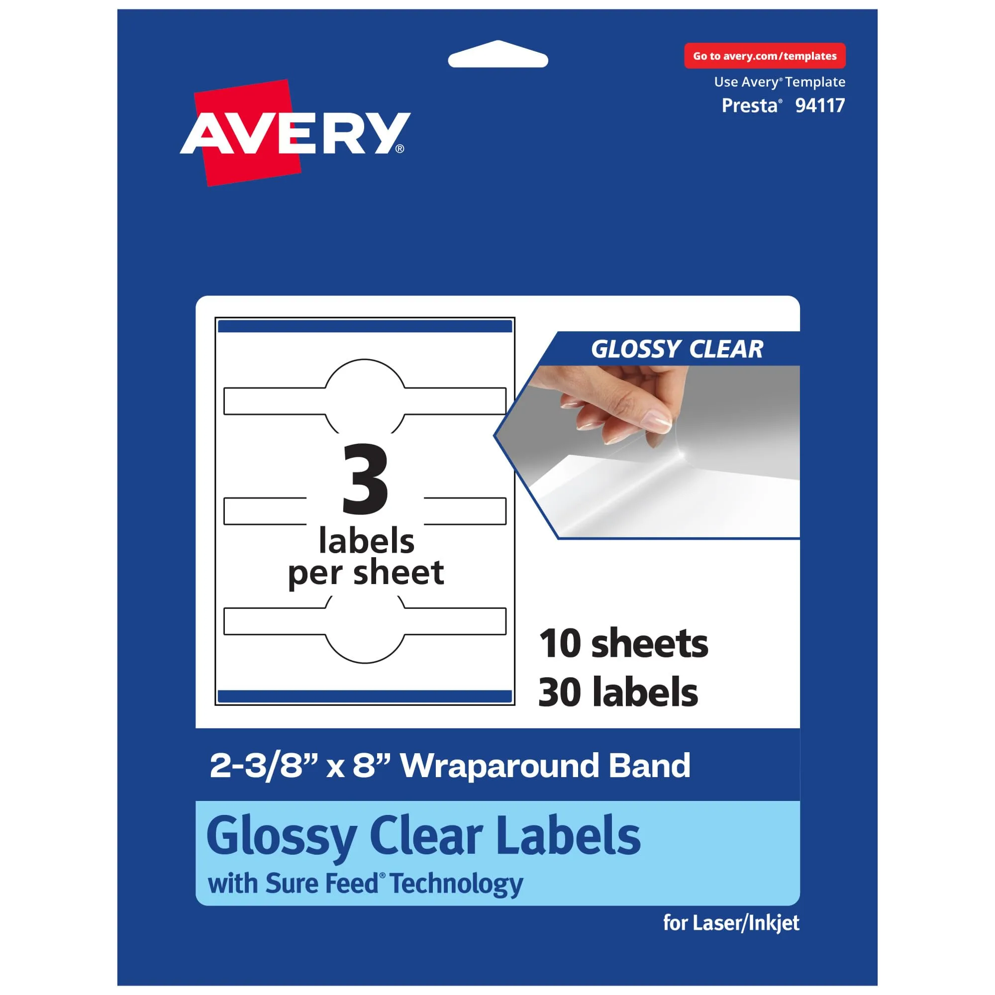 Avery Glossy Clear Wraparound Band Labels, Sure Feed Technology, 2-3/8" x 8"
