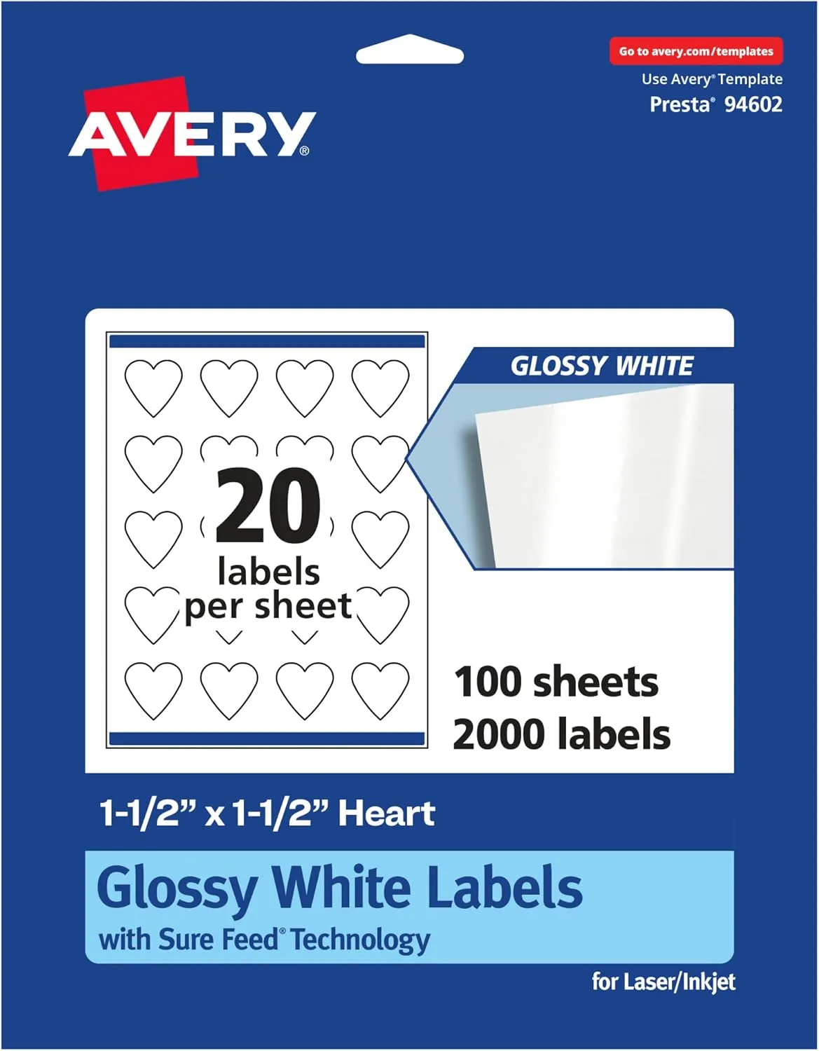 Avery Glossy White Heart Labels, Sure Feed Technology, 1.5" x 1.5"
