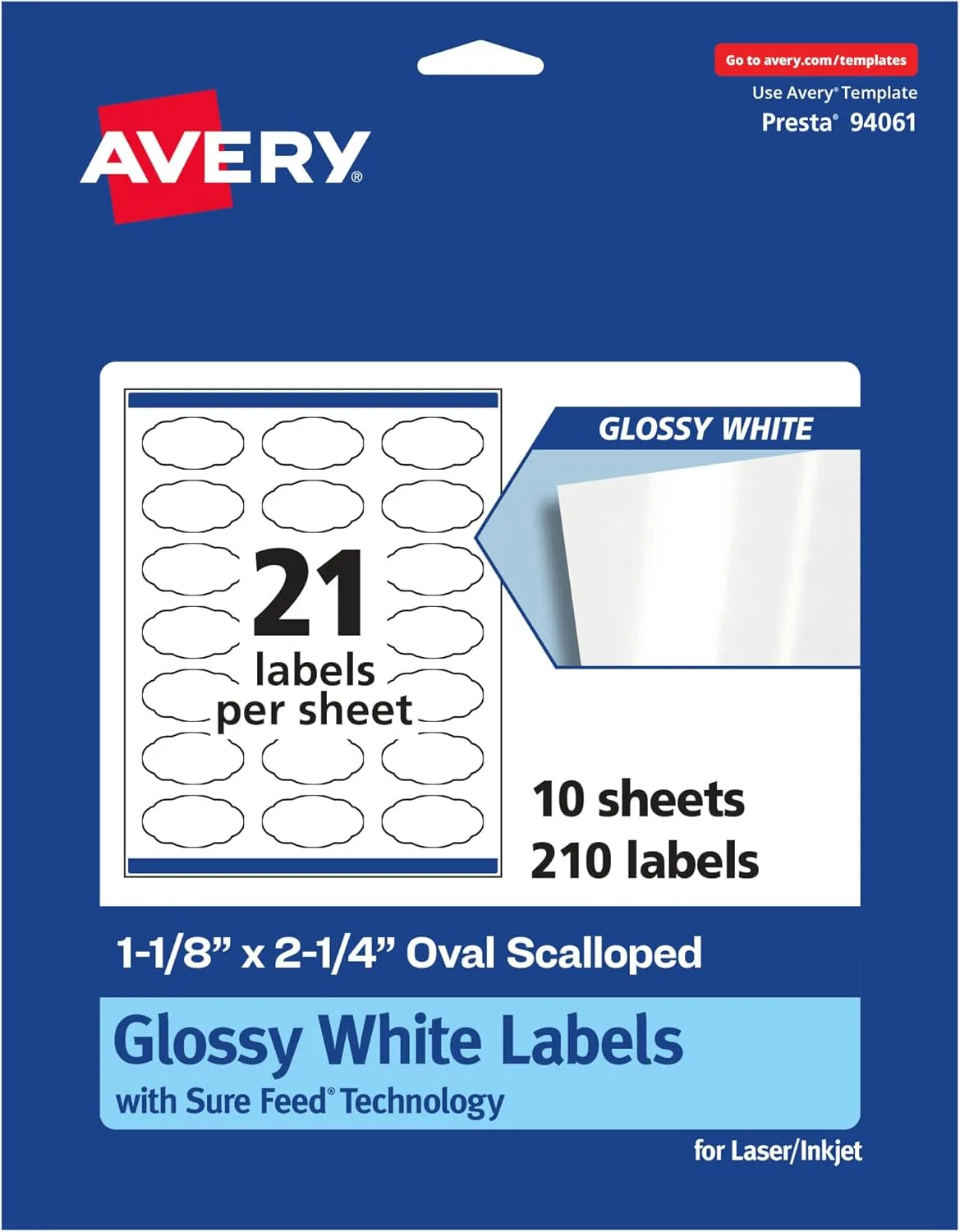 Avery Glossy White Oval Scalloped Labels, Sure Feed Technology, 1-1/8" x 2-1/4"