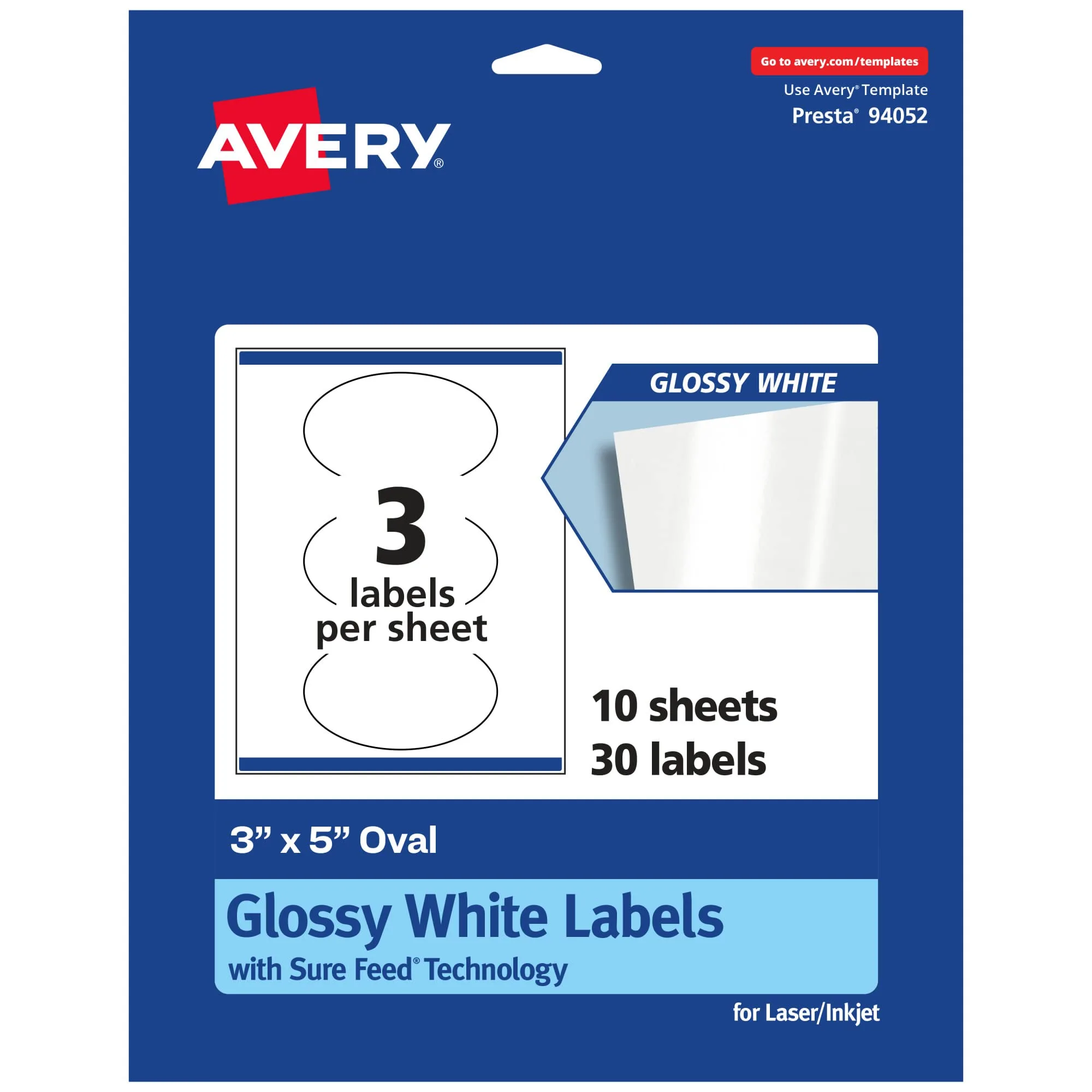 Avery Glossy White Oval Labels, Sure Feed Technology, 3" x 5", Print-to-The-Edge, Permanent Adhesive, Laser/Inkjet Printable