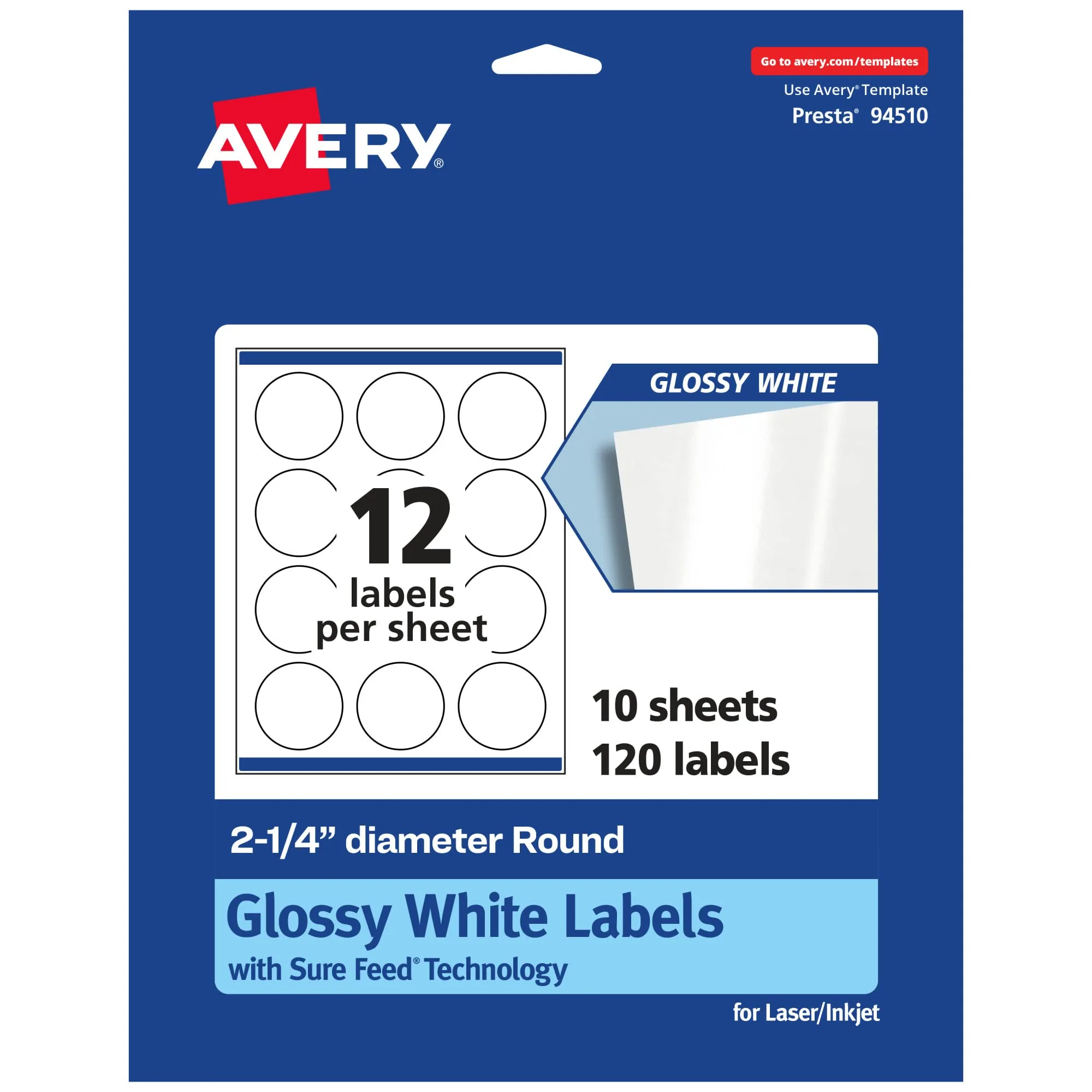 Avery Glossy White Round Labels, Sure Feed Technology, 2.25" Diameter, 120 Glossy White Labels, Print-to-The-Edge