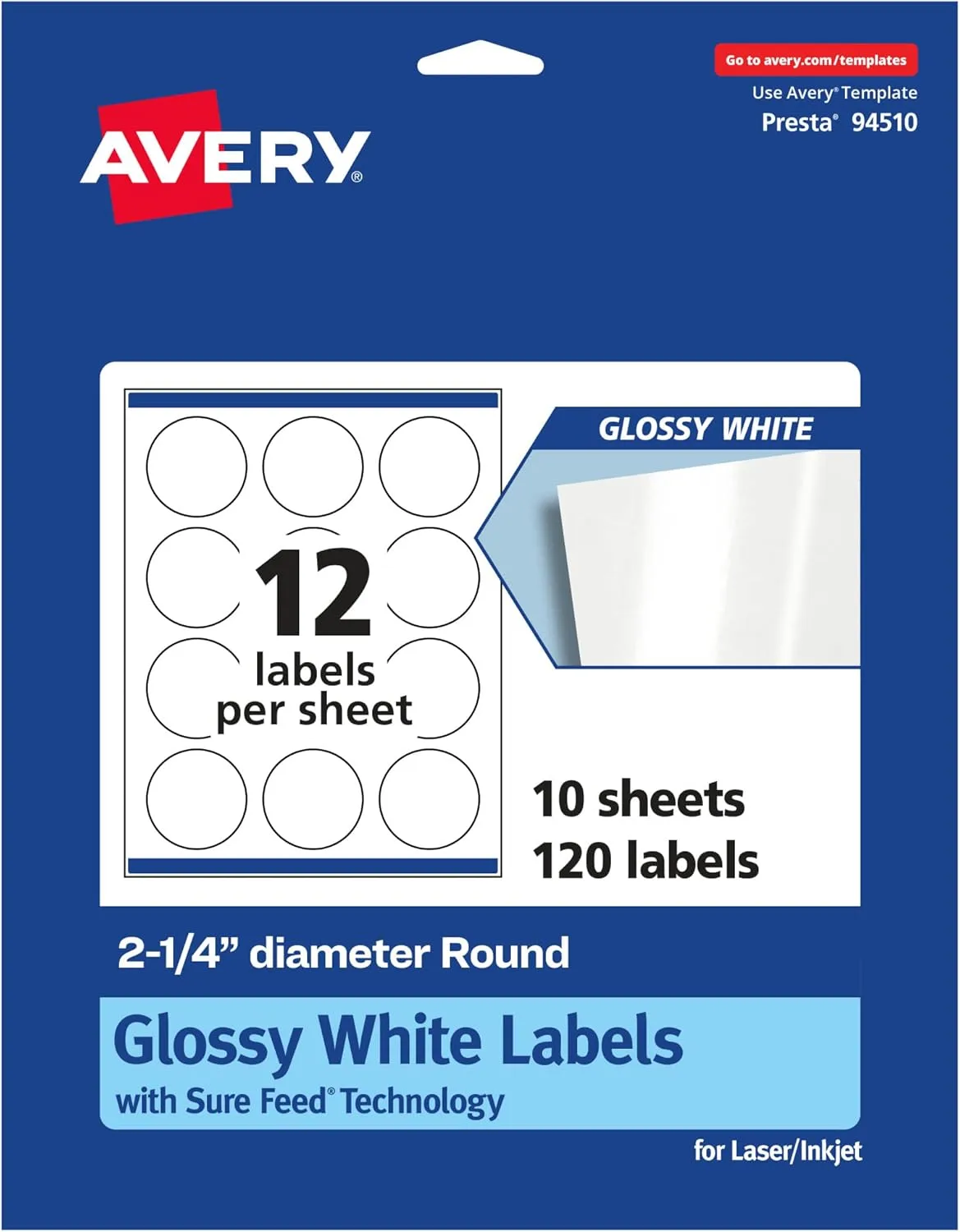 Avery Glossy White Round Labels, Sure Feed Technology, 2.25" Diameter, 120 Glossy White Labels, Print-to-The-Edge
