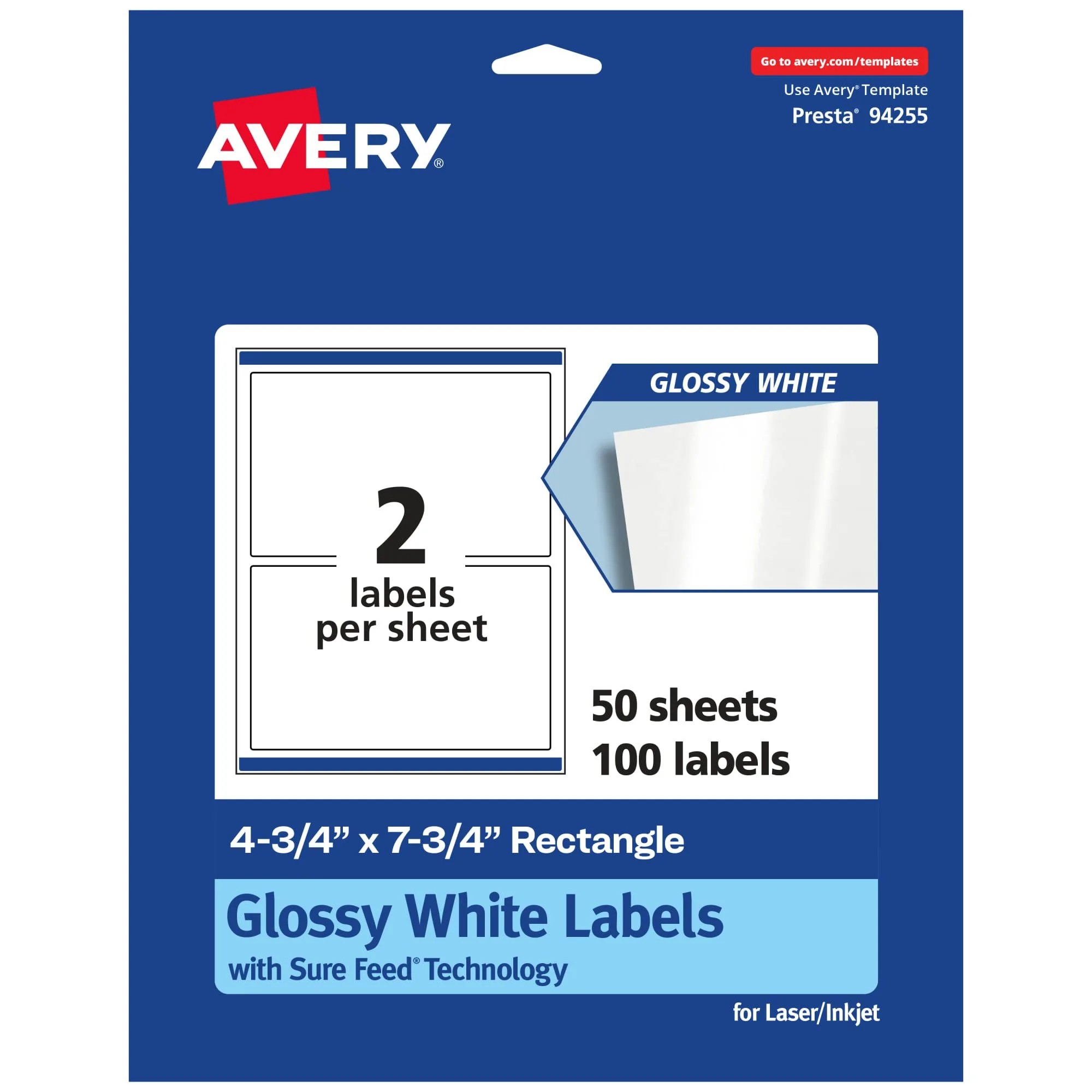 AVERY Glossy White Rectangle Labels, Sure Feed Technology, 4.75" x 7.75", Print-to-The-Edge, Permanent Adhesive