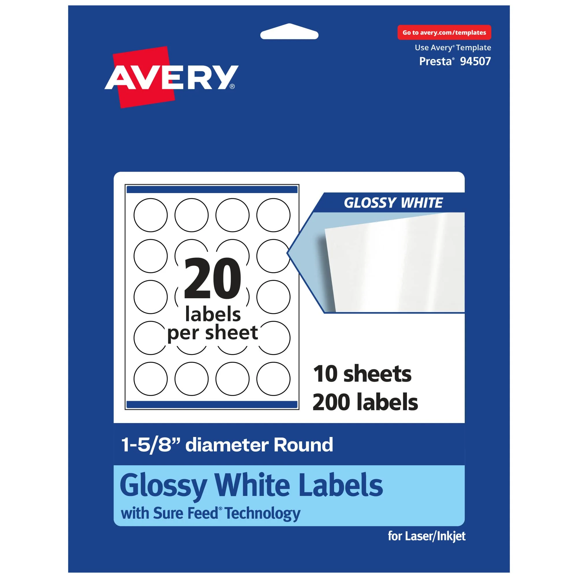 Avery Glossy White Round Labels Sure Feed 1-5/8" Diameter