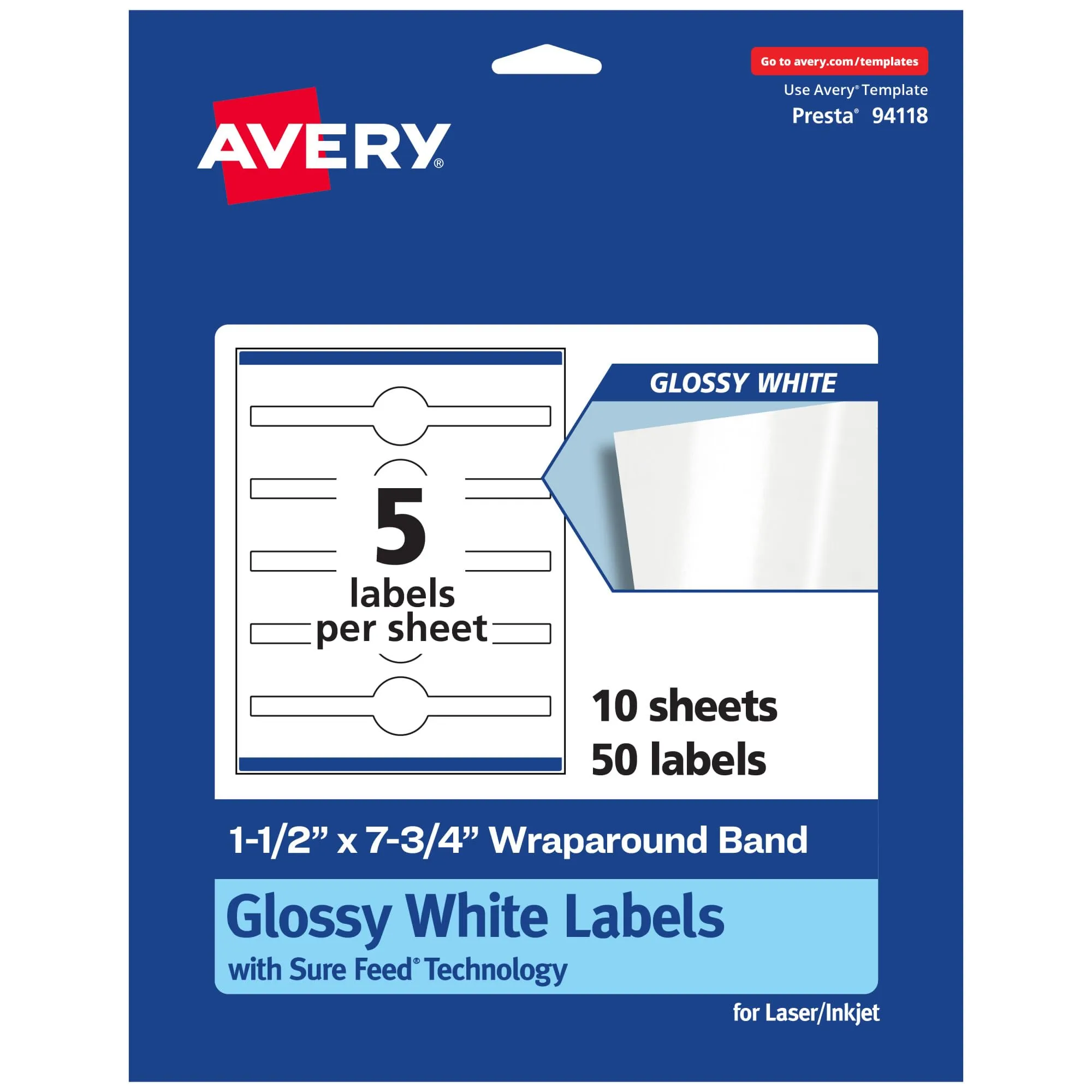 Avery Glossy White Wraparound Band Labels, Sure Feed Technology, 1.5" x 7.75", Cigar Band Labels, Print-to-The-Edge